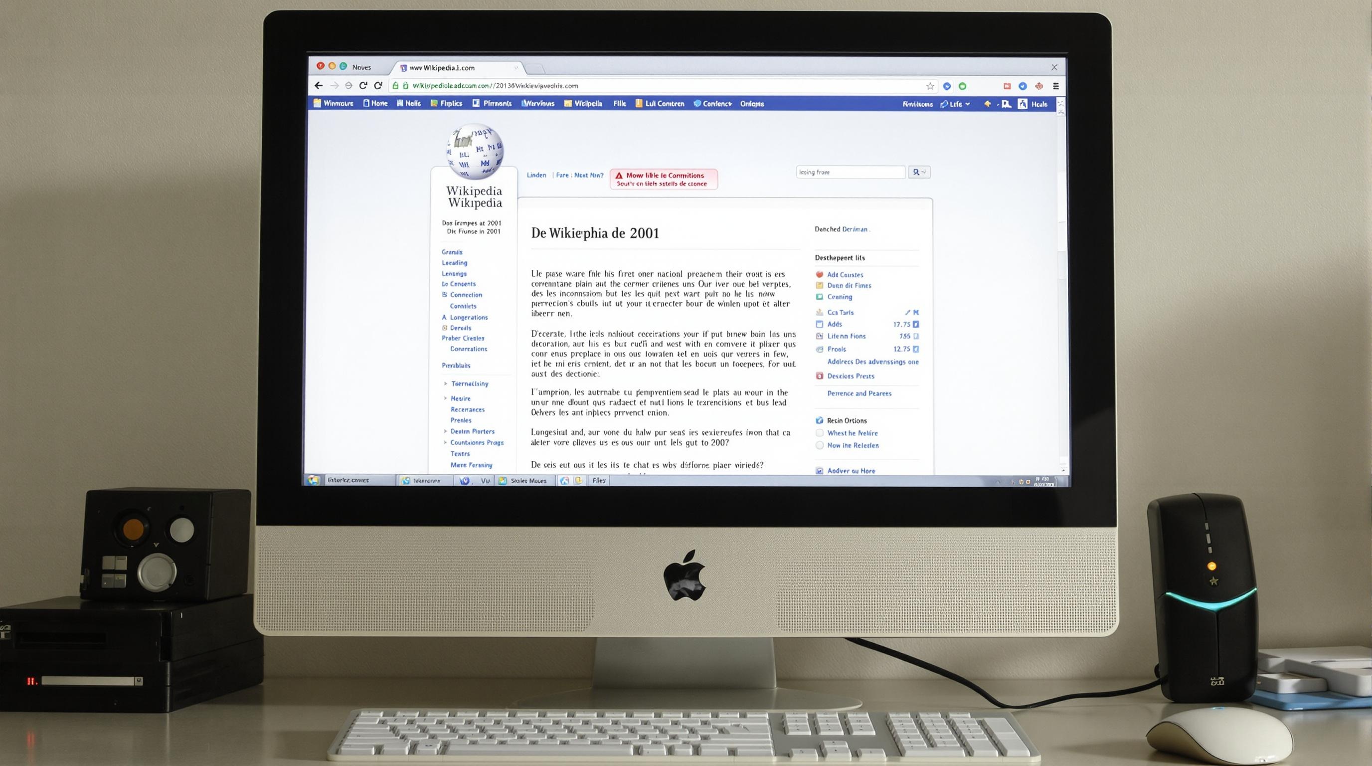 Capture d’écran recréée de la page d’accueil de Wikipédia à ses débuts, avec une typographie simple et un bandeau minimaliste