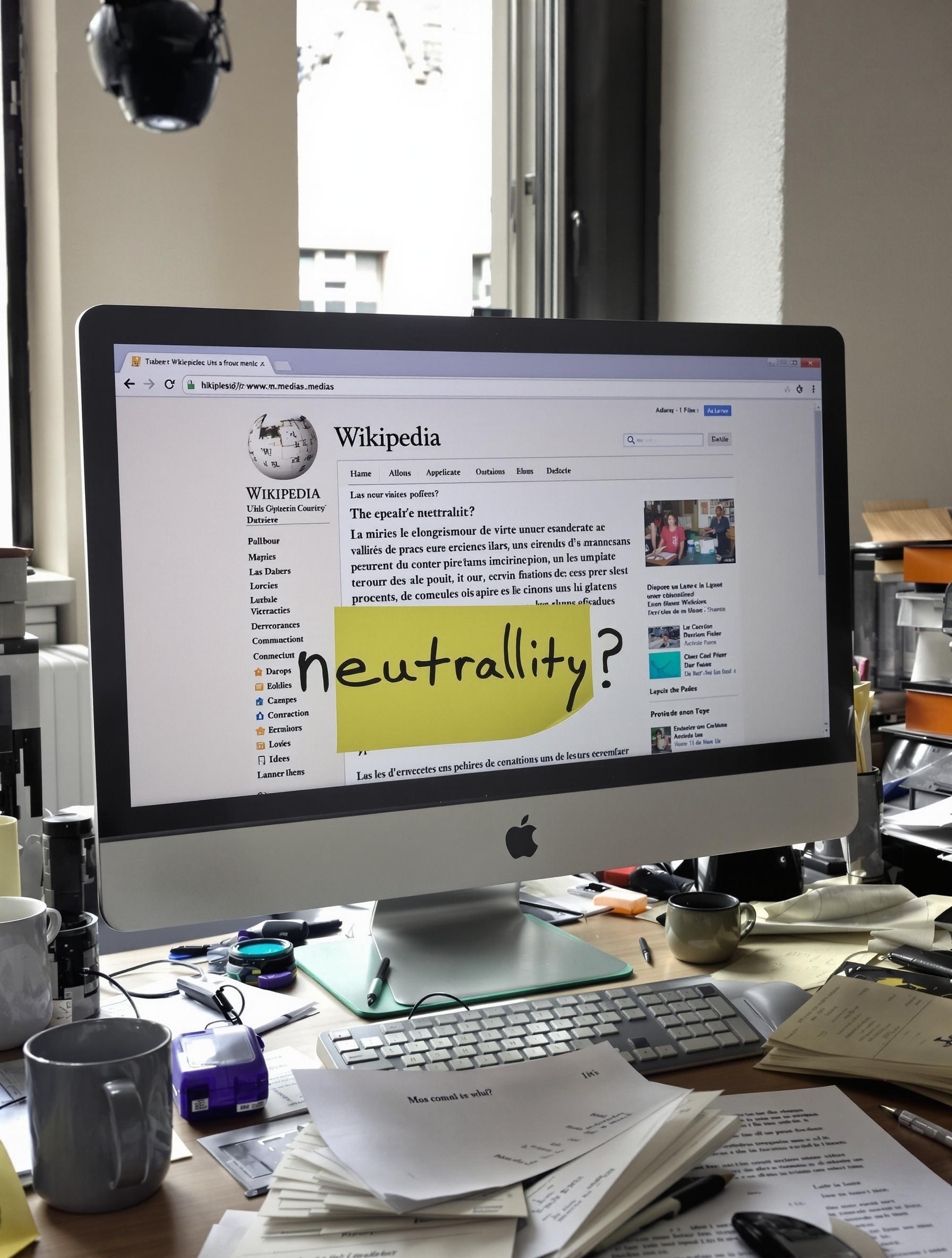Capture d’écran de Wikipédia avec un post-it ironique sur la neutralité