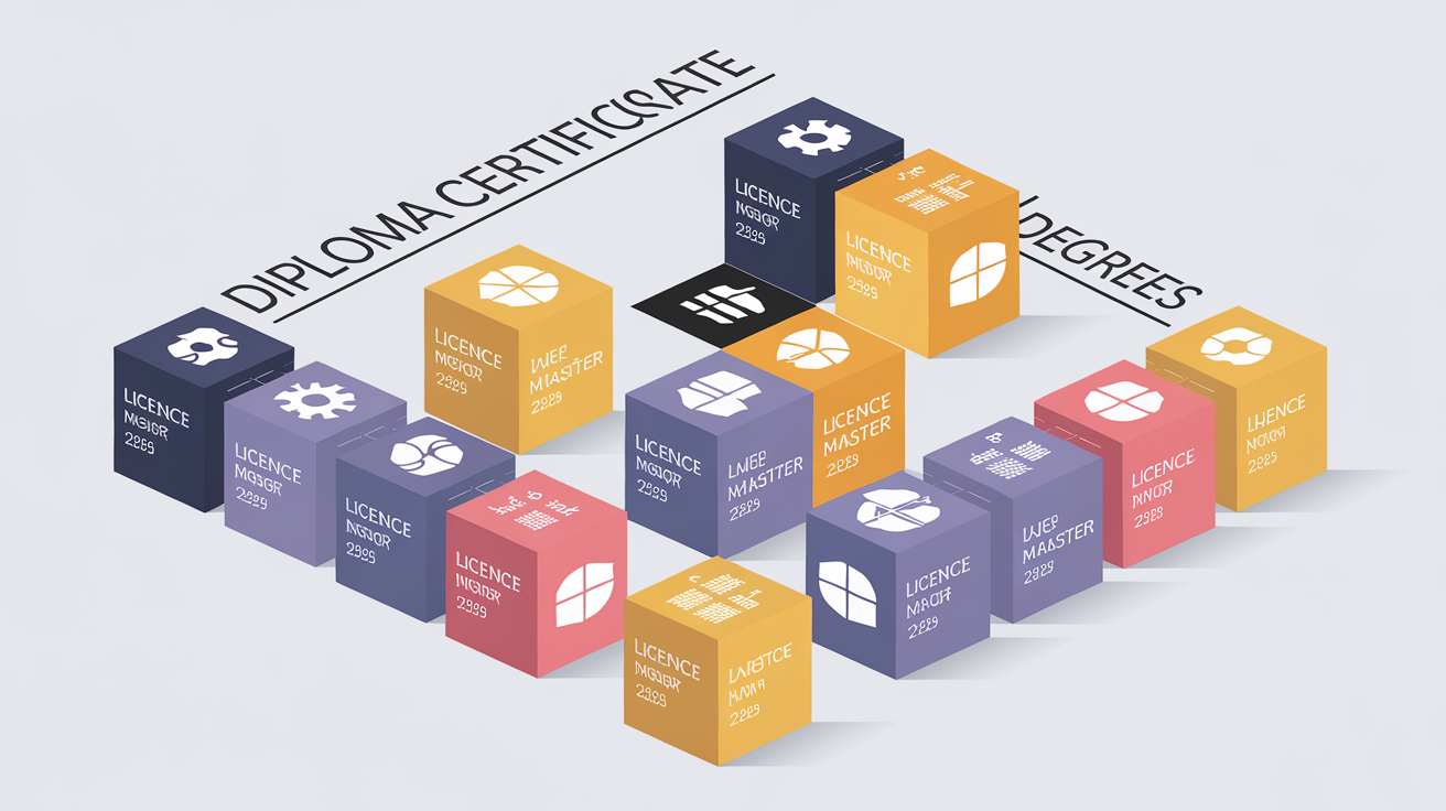 Des blocs de crédits ECTS s'assemblent pour former un diplôme (Licence, Master) - chaque bloc correspond à des compétences validées et une charge de travail effectuée.