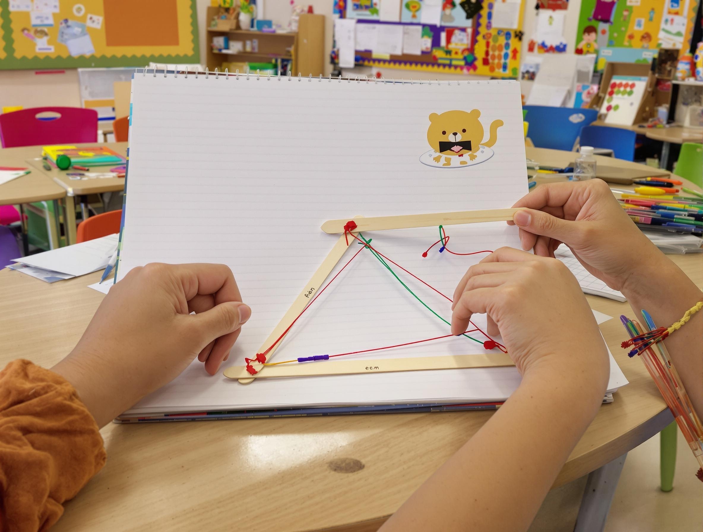 Élève CE1 manipule une ficelle sur cahier géométrie pour faire triangle.