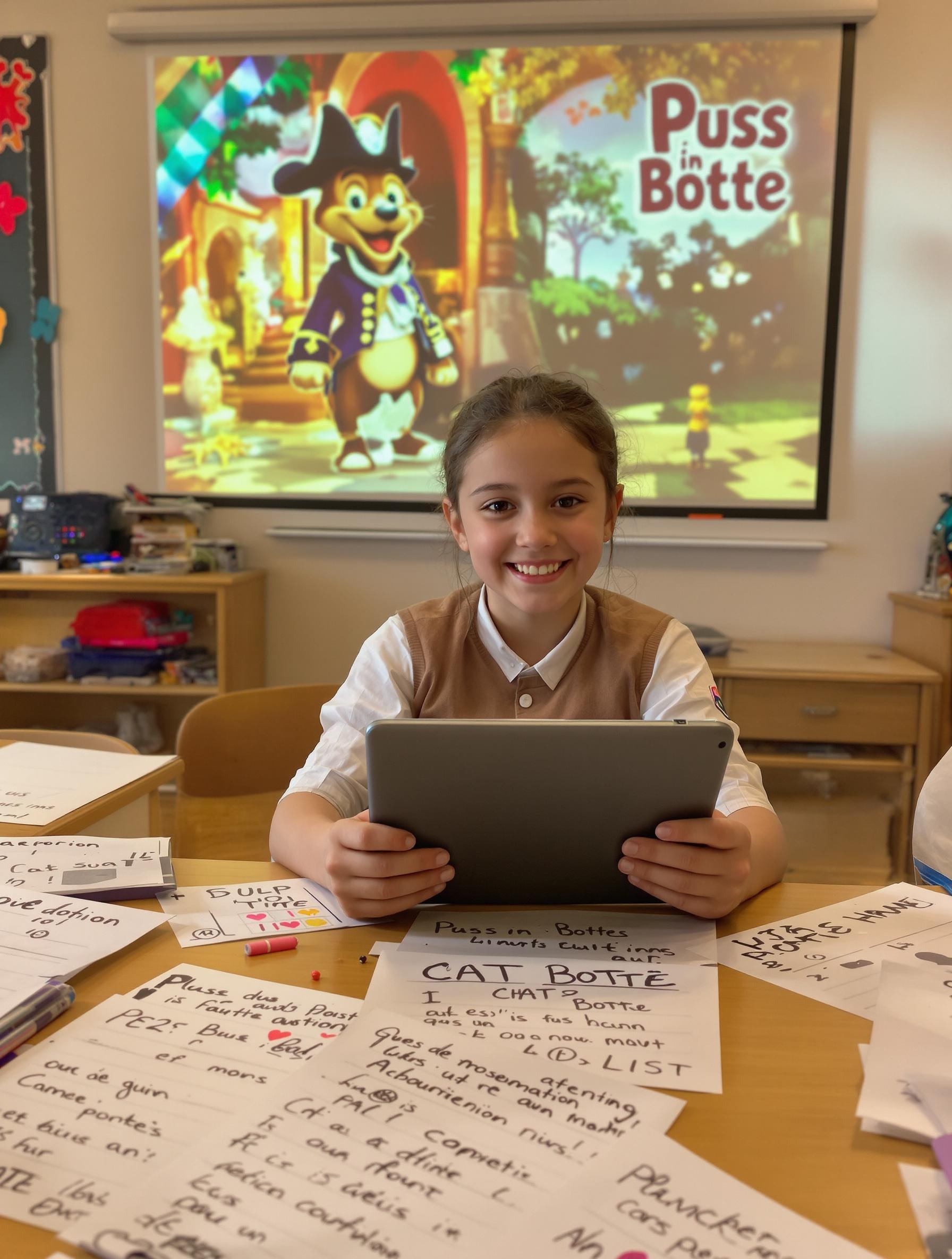 Élève CE2 enthousiaste tablette fiches papier Chat Botté classe gamification