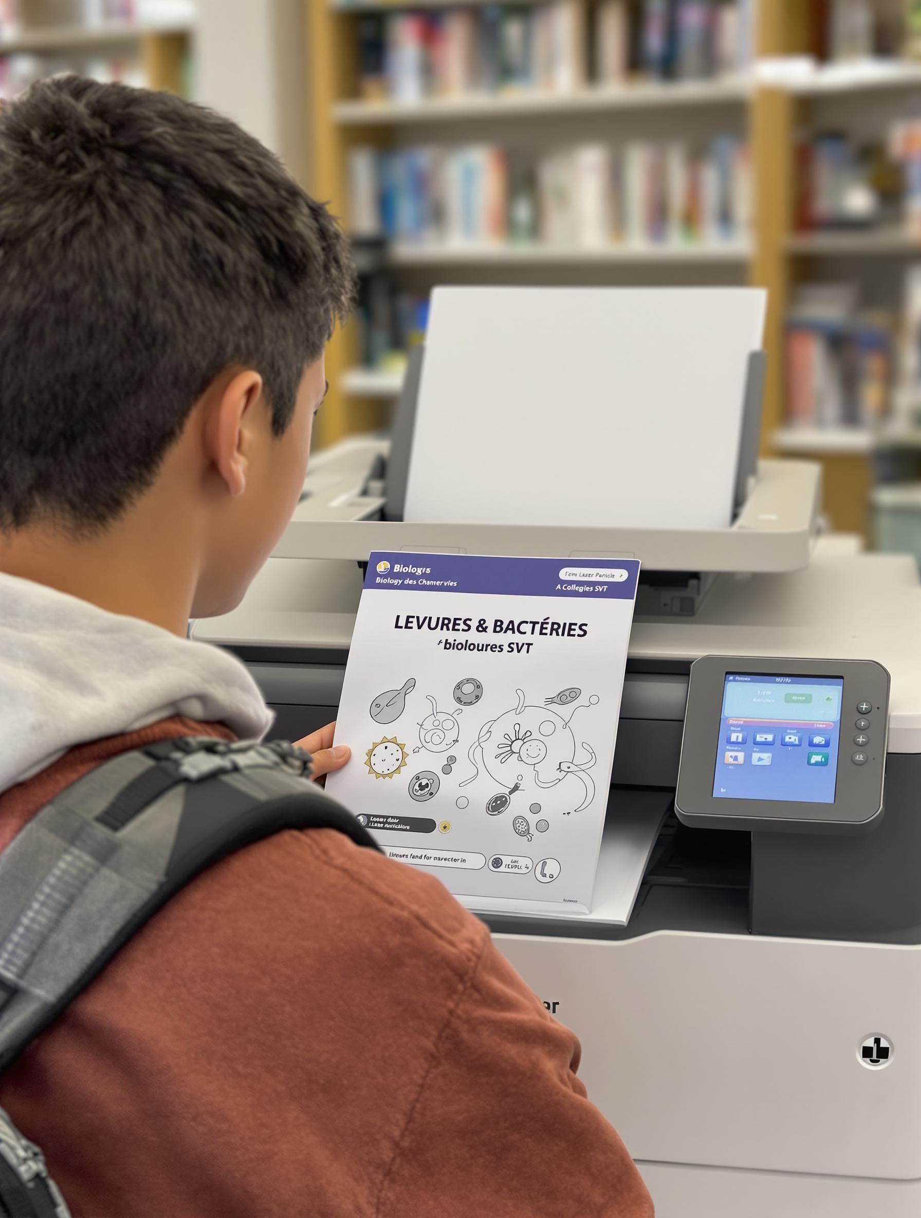 Collégien devant imprimante laser imprimant un fascicule SVT 'Levures & Bactéries'