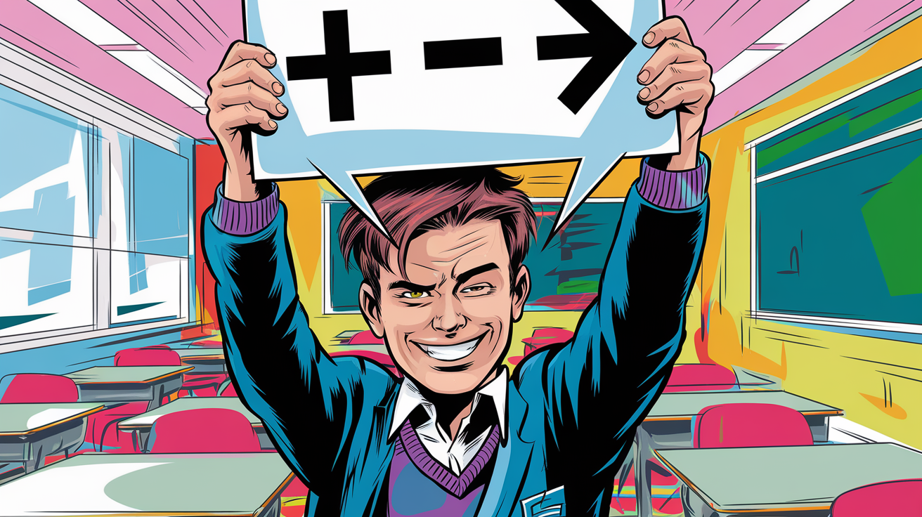 Élève illustrant les signes + et − avec humour