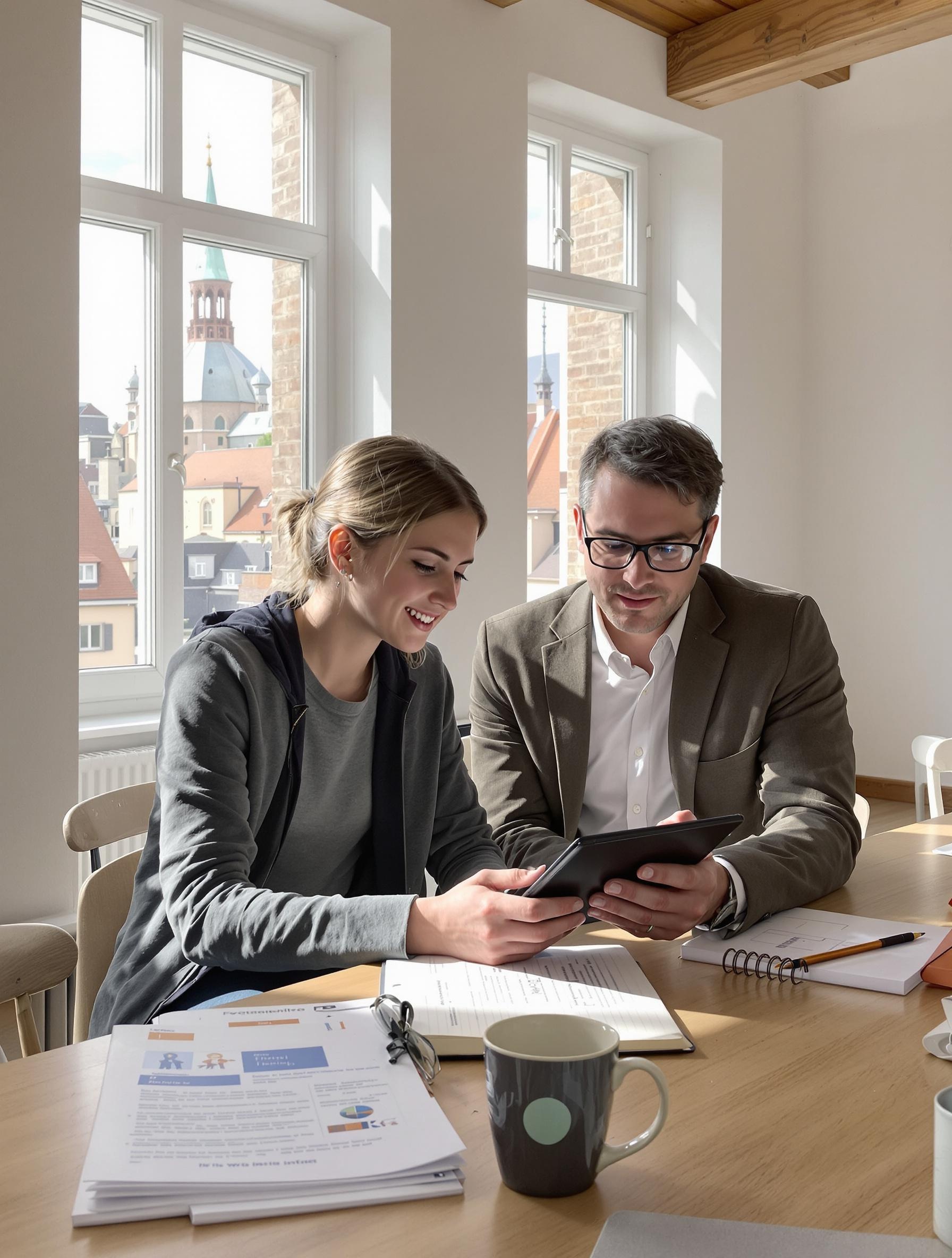 Élève et prof travaillant sur tablette dans un appartement Strasbourgeois lumineux, pédagogie hybride.