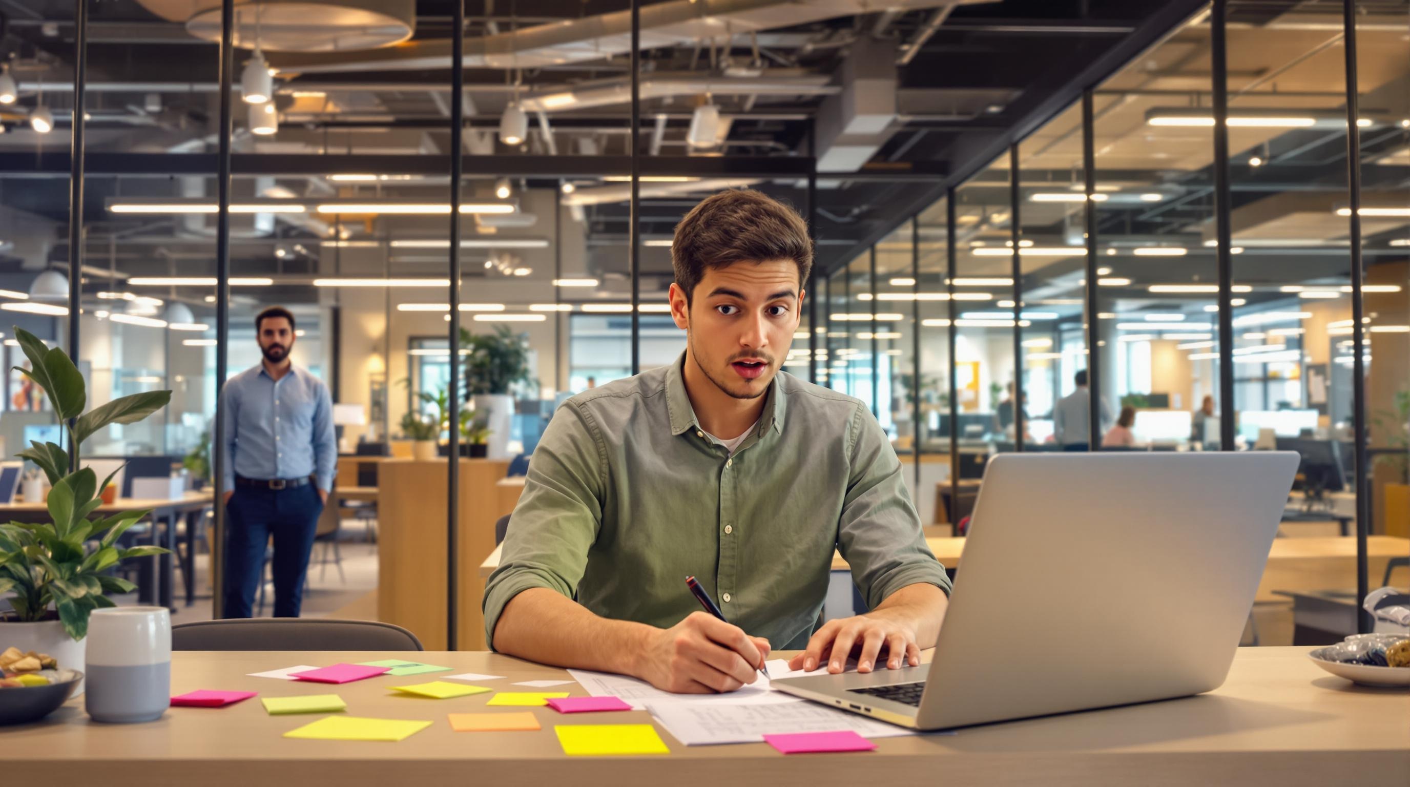 Un nouvel employé rédige un rapport d'étonnement dans un open-space moderne