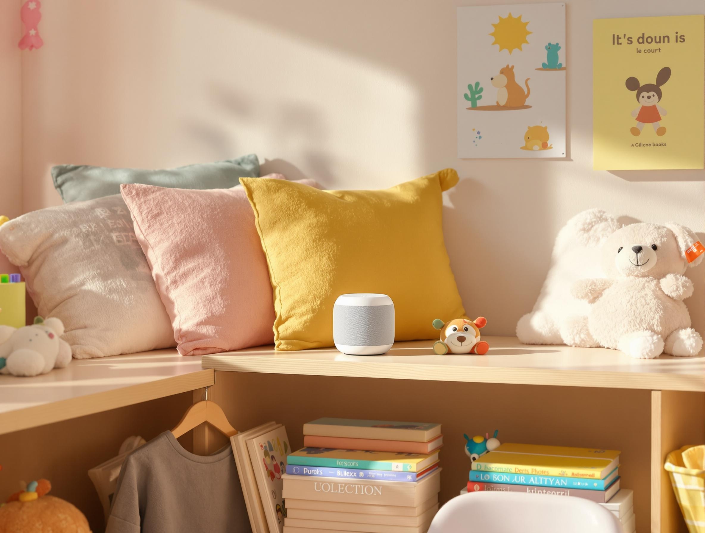 Enceinte compacte à diffusion omnidirectionnelle installée dans un coin Temps Calme d’une classe de maternelle