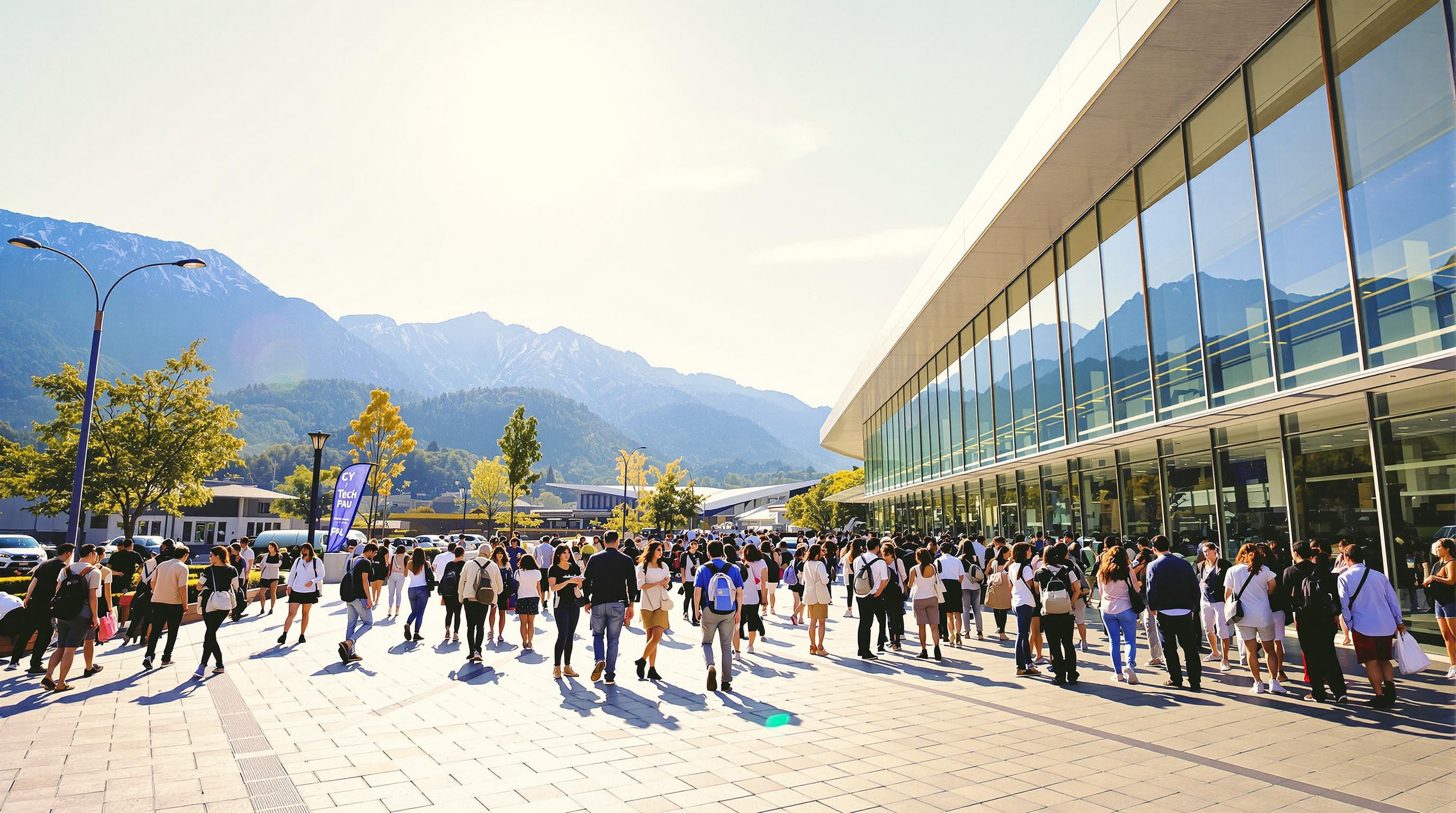 Esplanade ensoleillée du campus CY Tech Pau avec des étudiants discutant devant un bâtiment moderne et des montagnes en arrière-plan.