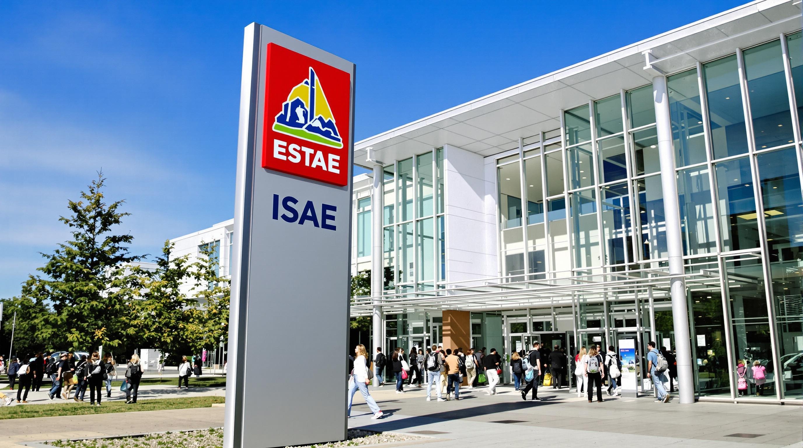 Vue frontale du bâtiment ESTACA à Saint-Quentin-en-Yvelines montrant le logo ISAE affiché en grand, journée ensoleillée, étudiants entrant.