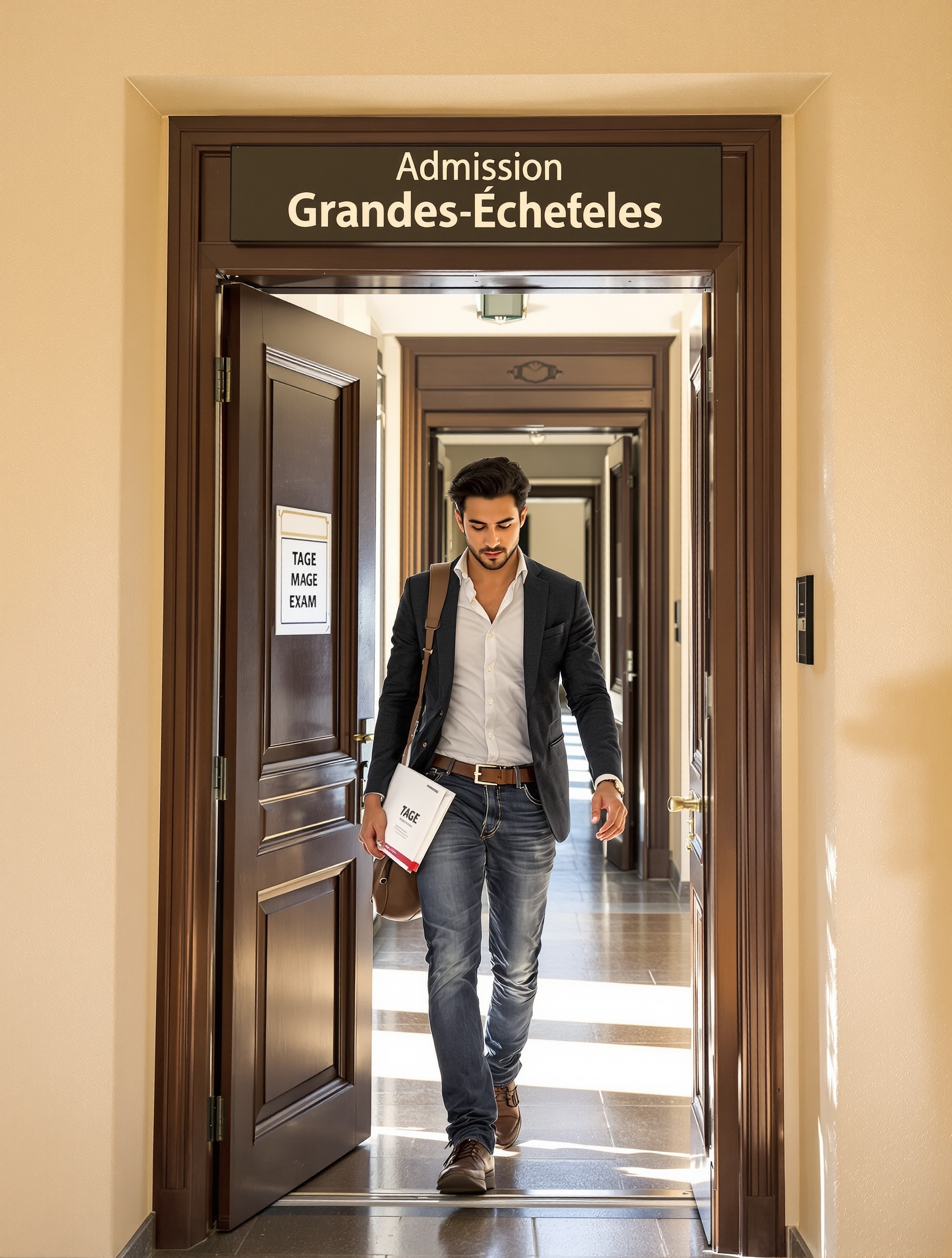 Un étudiant déterminé franchissant la porte des Grandes Écoles avec ses documents du TAGE MAGE.