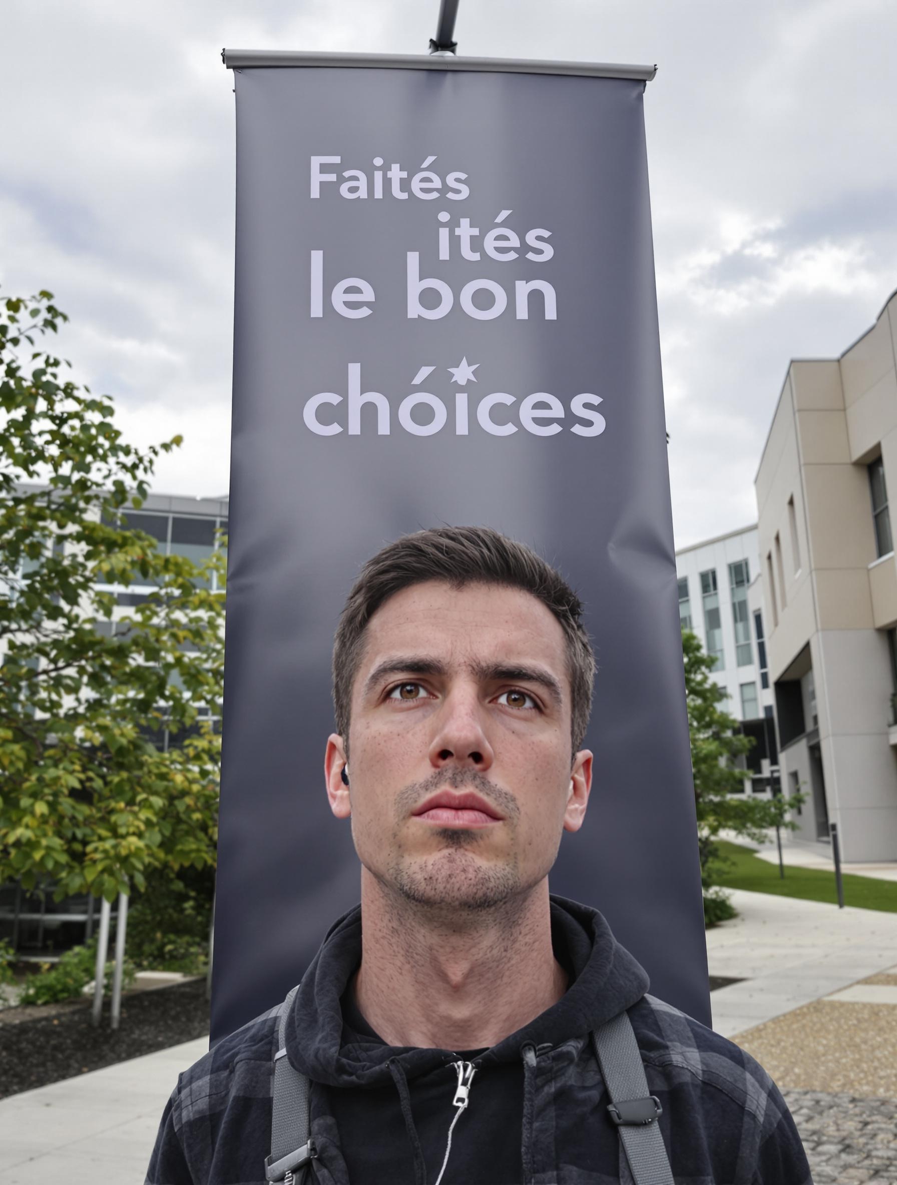 Un étudiant CY Tech debout devant une grande banderole « Faites le bon choix », air sérieux, campus en arrière-plan, ambiance réaliste, ciel nuageux