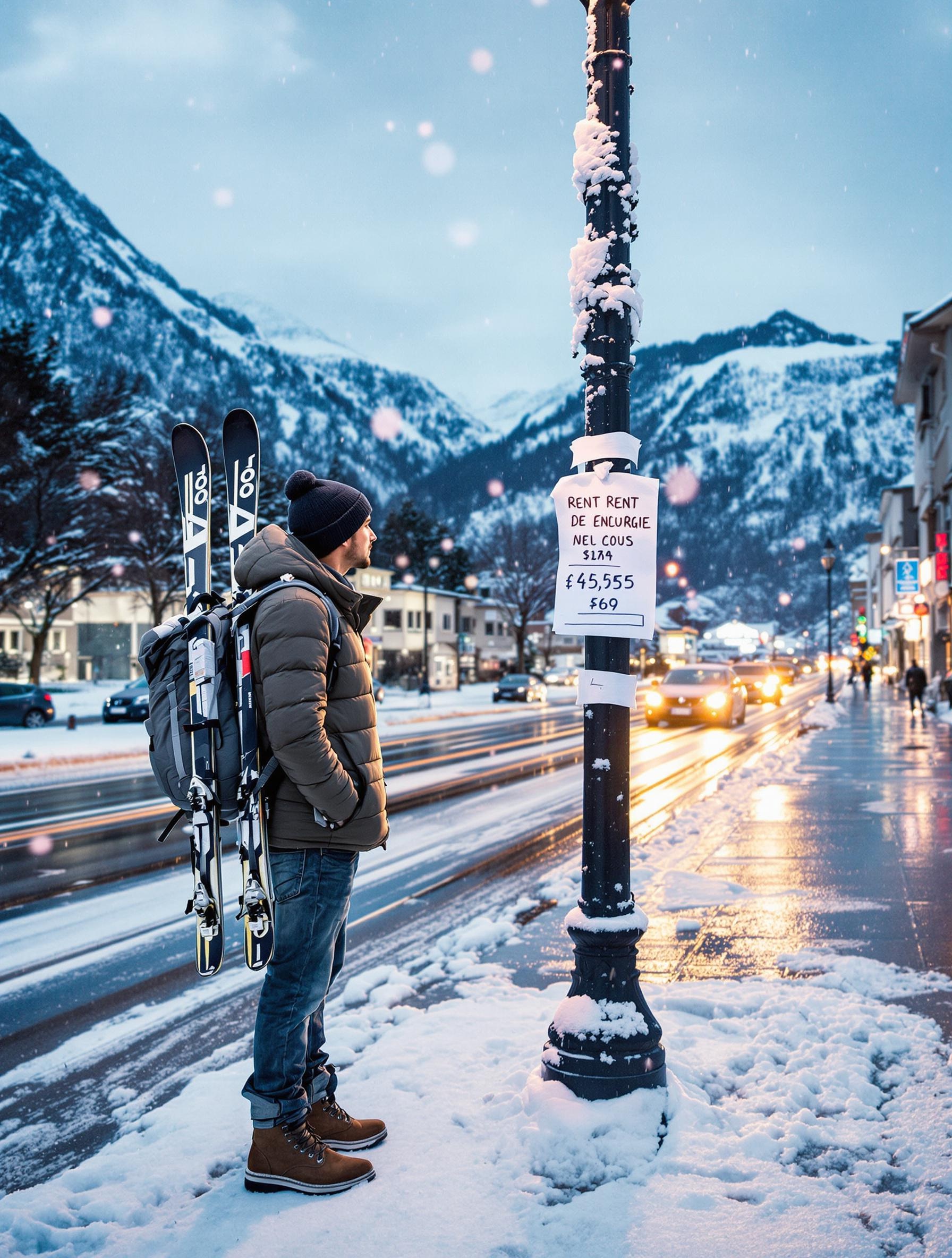 Étudiant devant une affichette de loyer élevé, facture d'énergie, et ski dans le sac, Grenoble hiver 2024
