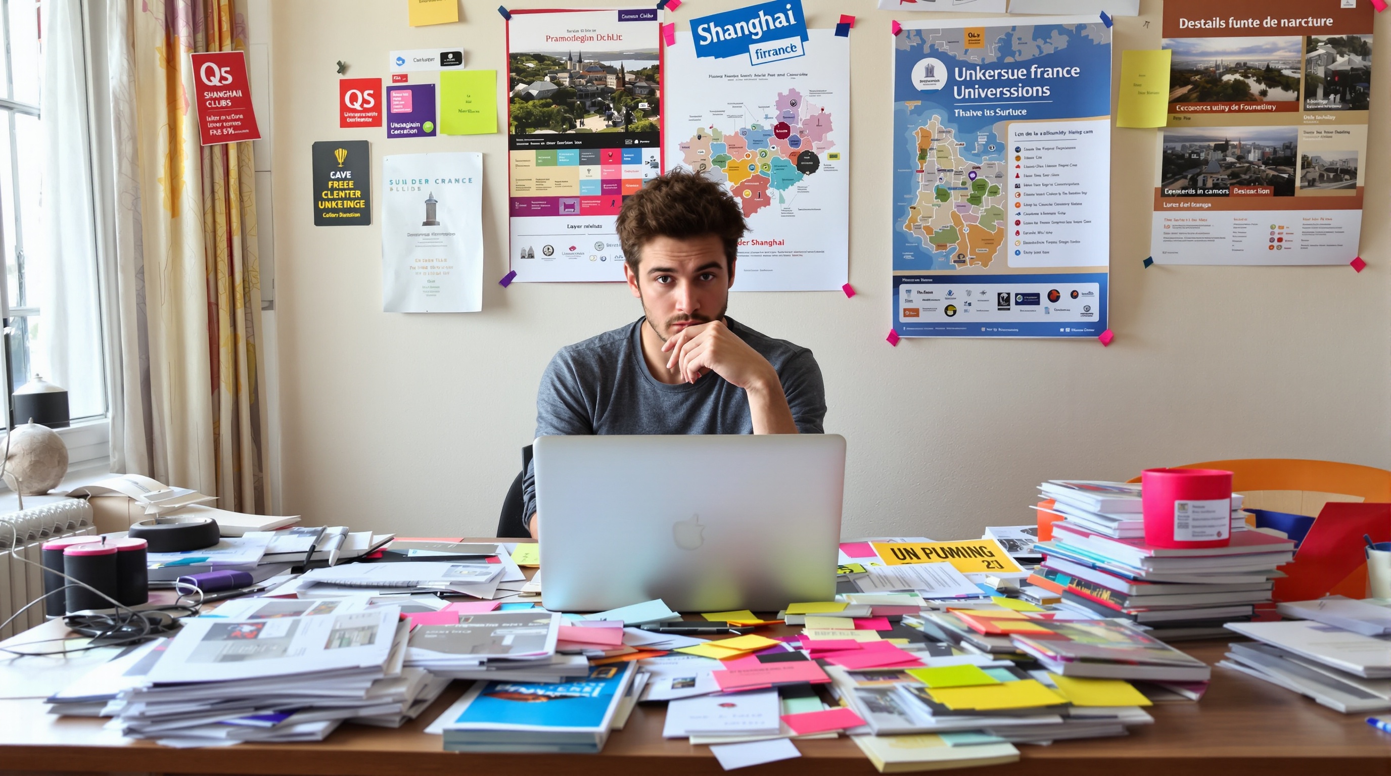 Étudiant hésitant entre brochures, classements et vie de campus