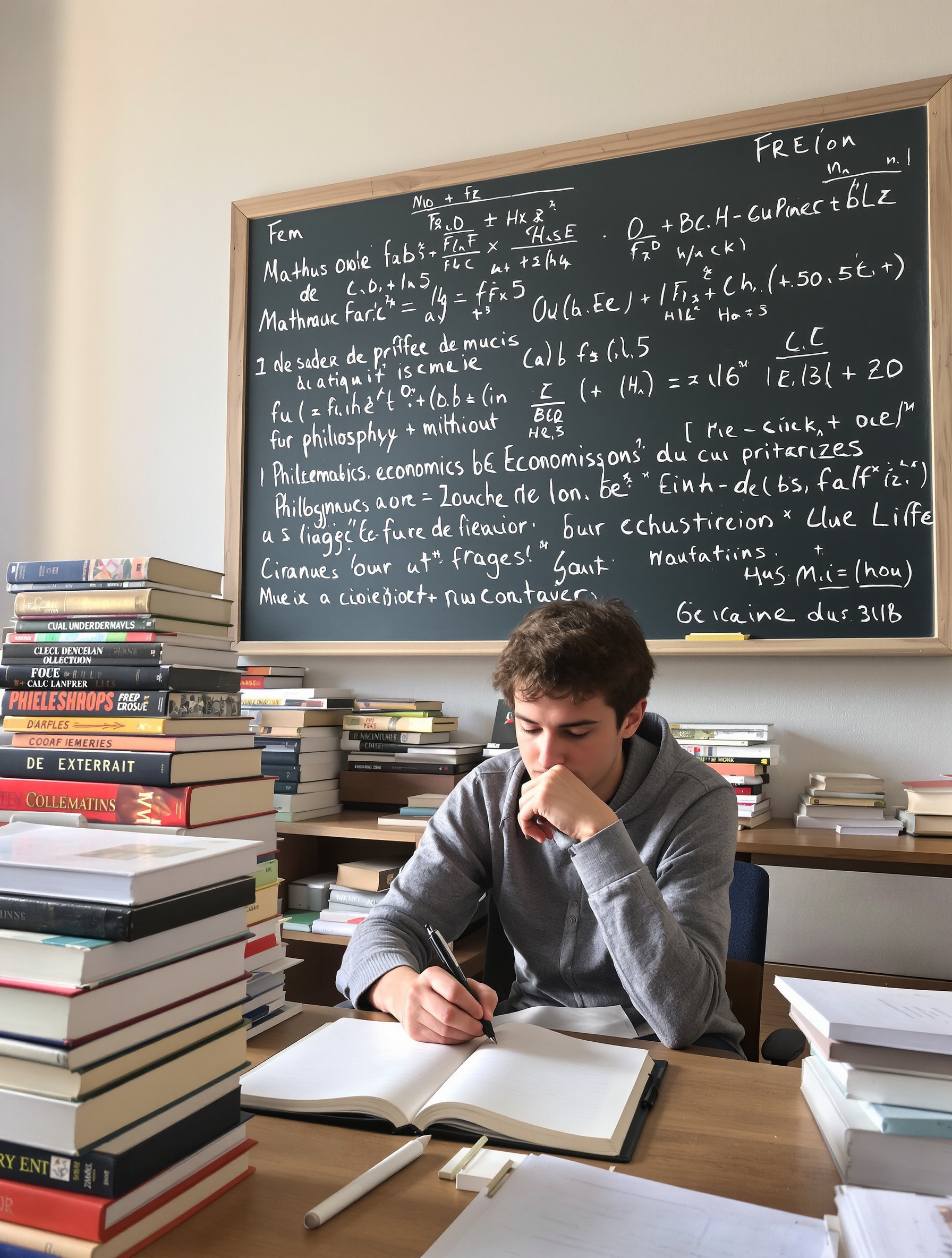 Étudiant prépa B/L, entouré de livres, ambiance studieuse, tableau noir, carnet de notes.
