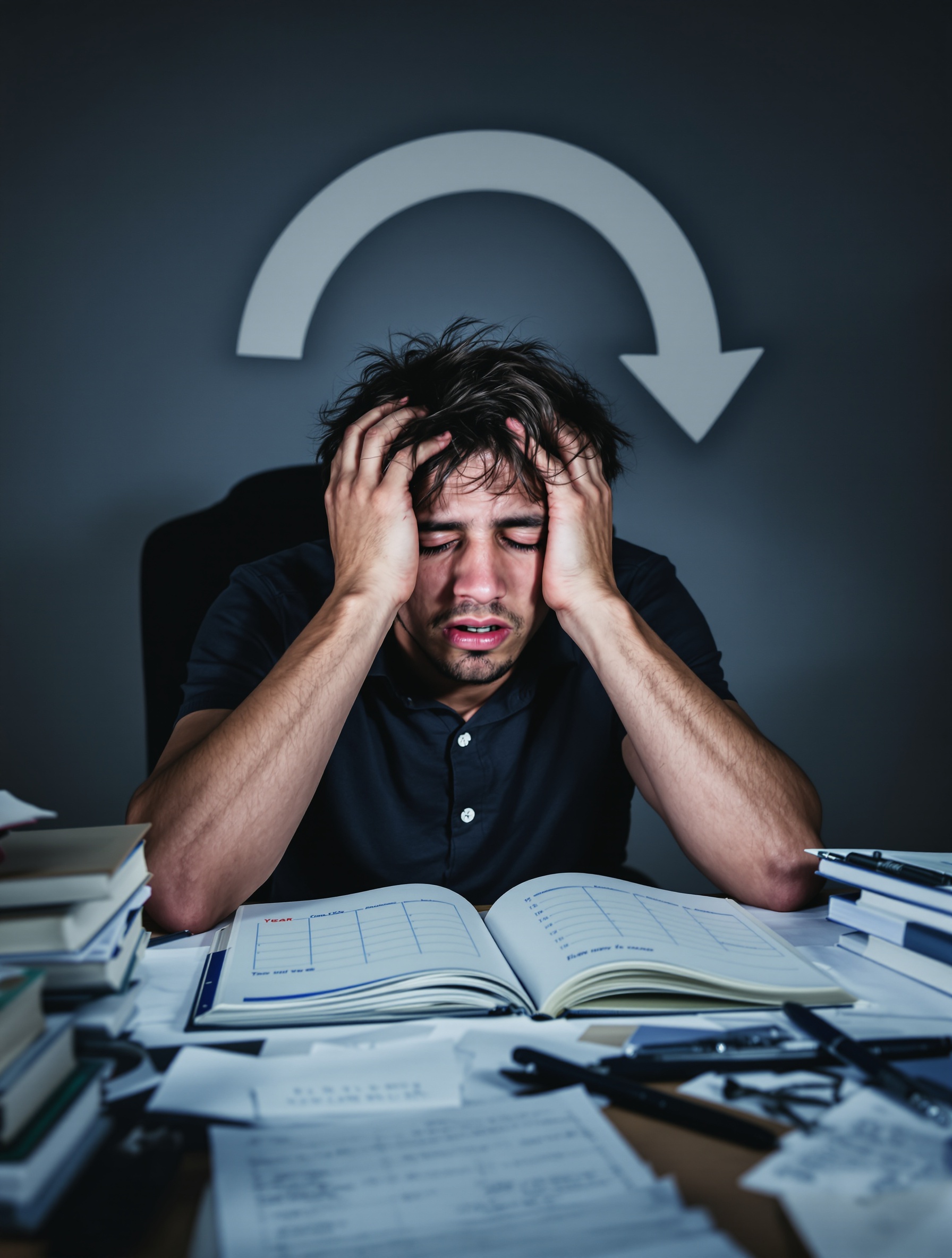 Étudiant en prépa ECS qui cube : flèche redescend puis remonte, expression fatiguée devant son agenda.
