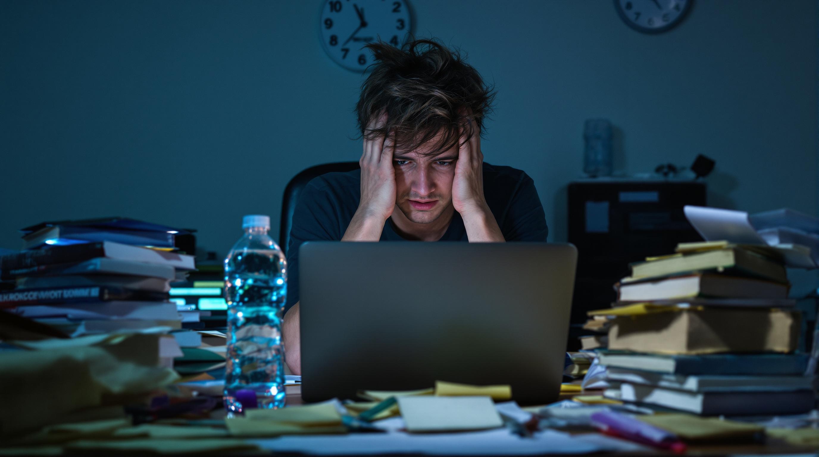 Étudiant de l'UTC en surcharge de travail devant un ordinateur