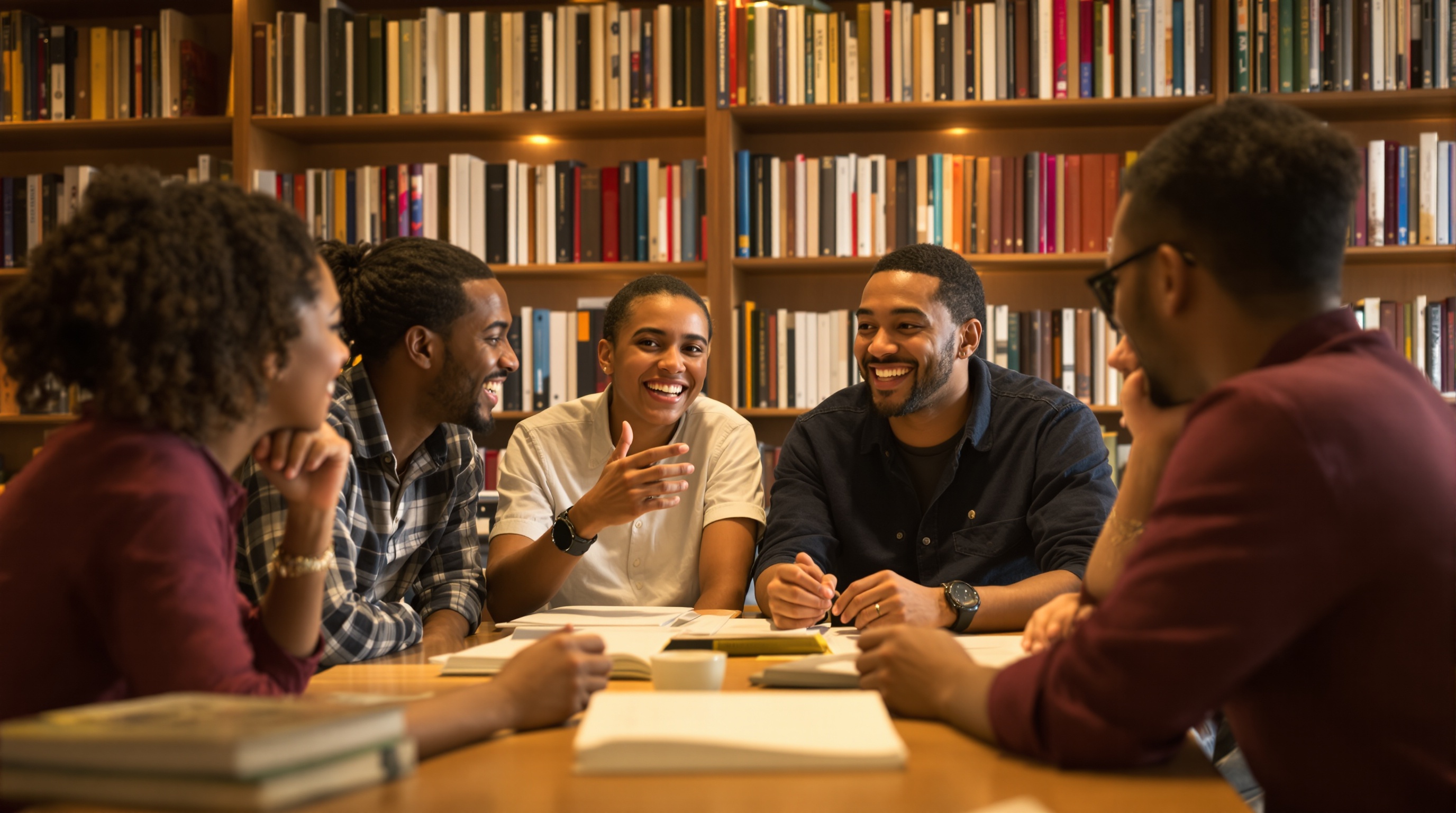 Groupe d'étudiants en discussion animée, ambiance camaraderie prépa B/L, fond bibliothèque ou salle de travail.
