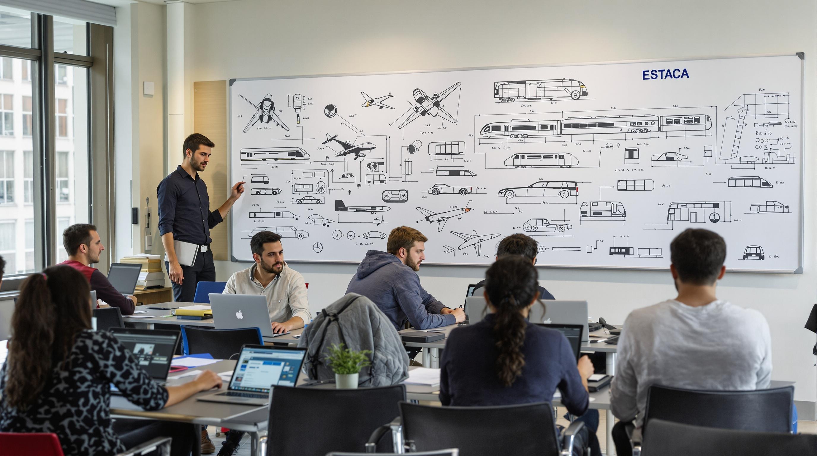 Étudiants ESTACA en salle de cours, ambiance compétitive, laptops ouverts, croquis transports au tableau.