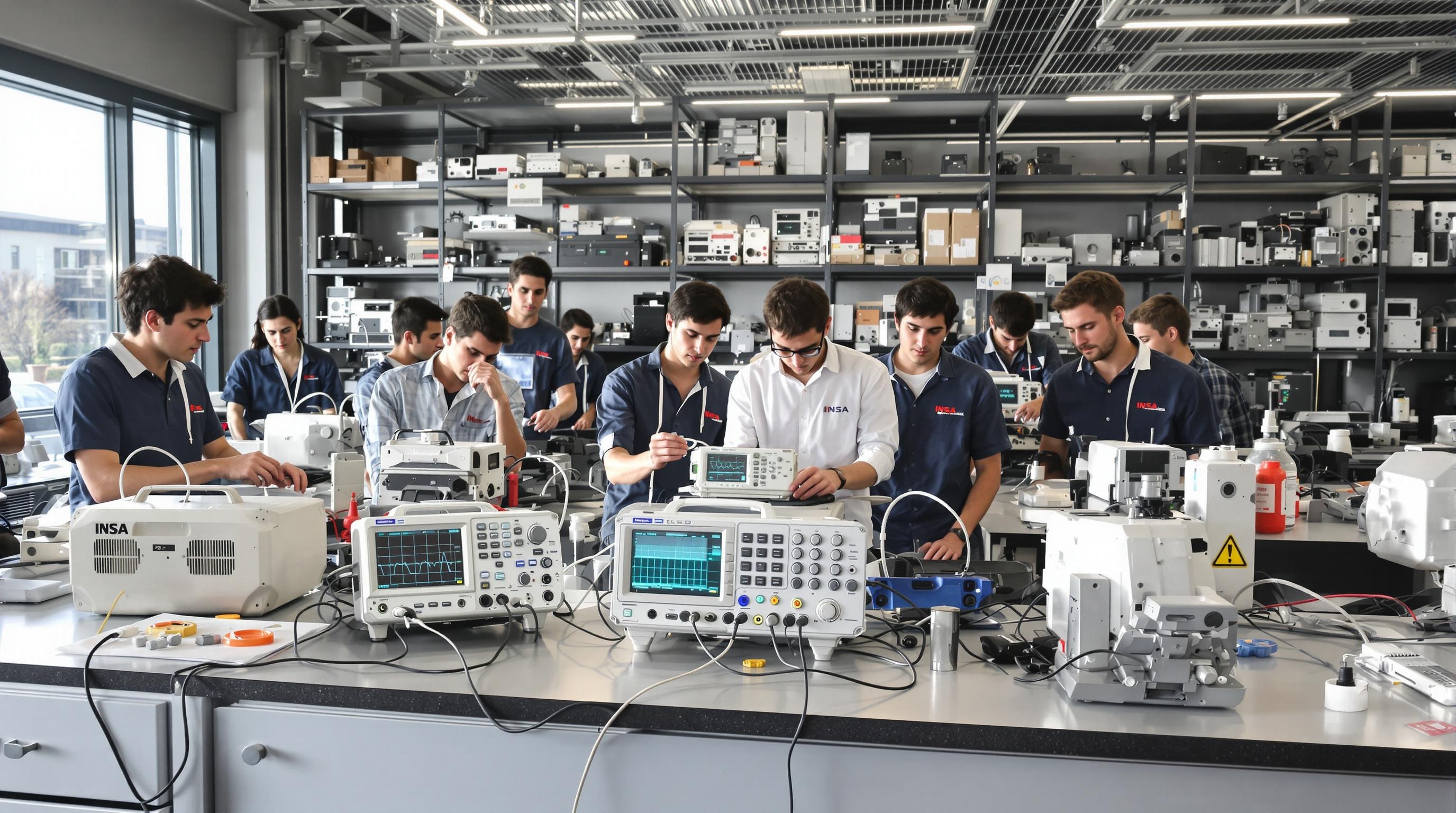 Étudiants en Génie Electrique manipulant des oscilloscopes dans un laboratoire du campus LyonTech-La Doua
