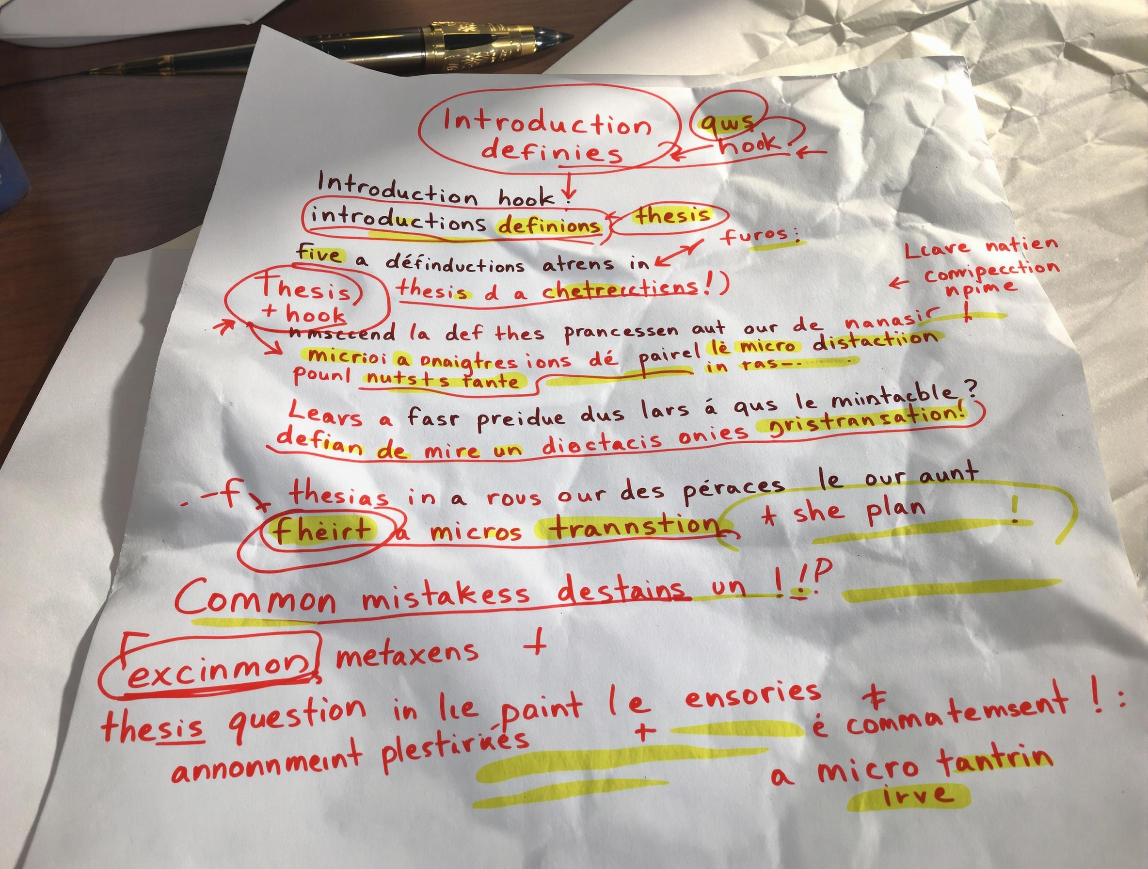 Feuille annotée montrant les 5 éléments clés pour réussir une introduction philosophique
