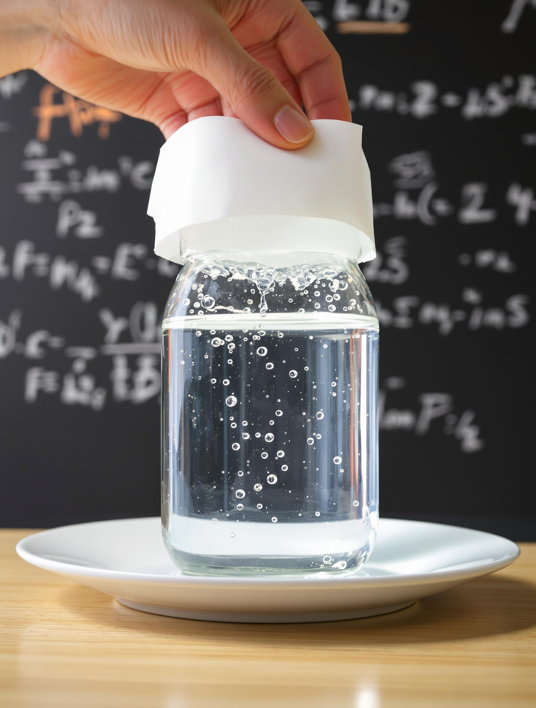 Bocal plein d’eau retourné sur une assiette, démonstration de pression atmosphérique.