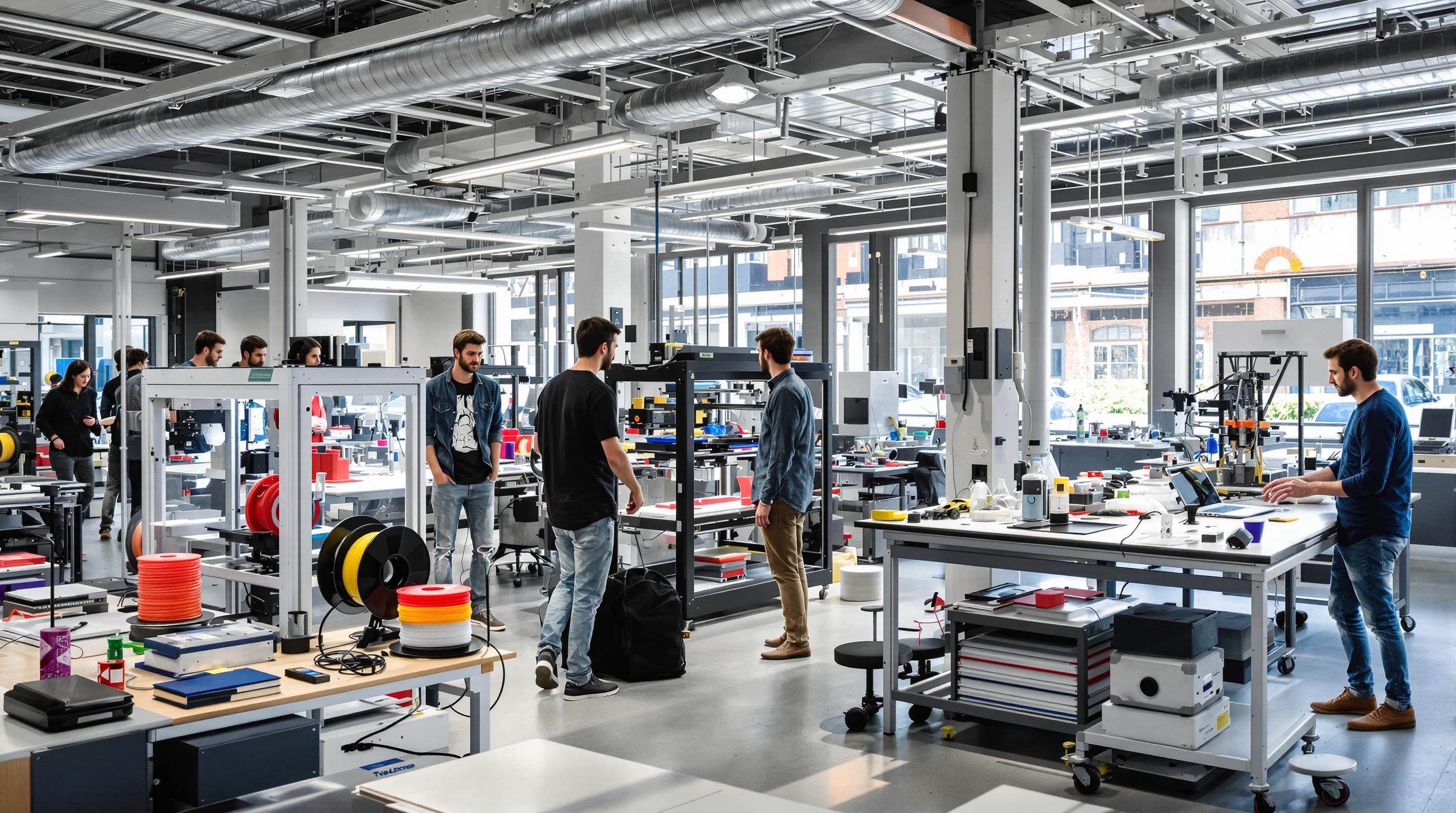 Étudiants testant une imprimante 3D dans le fablab de Saint-Étienne.