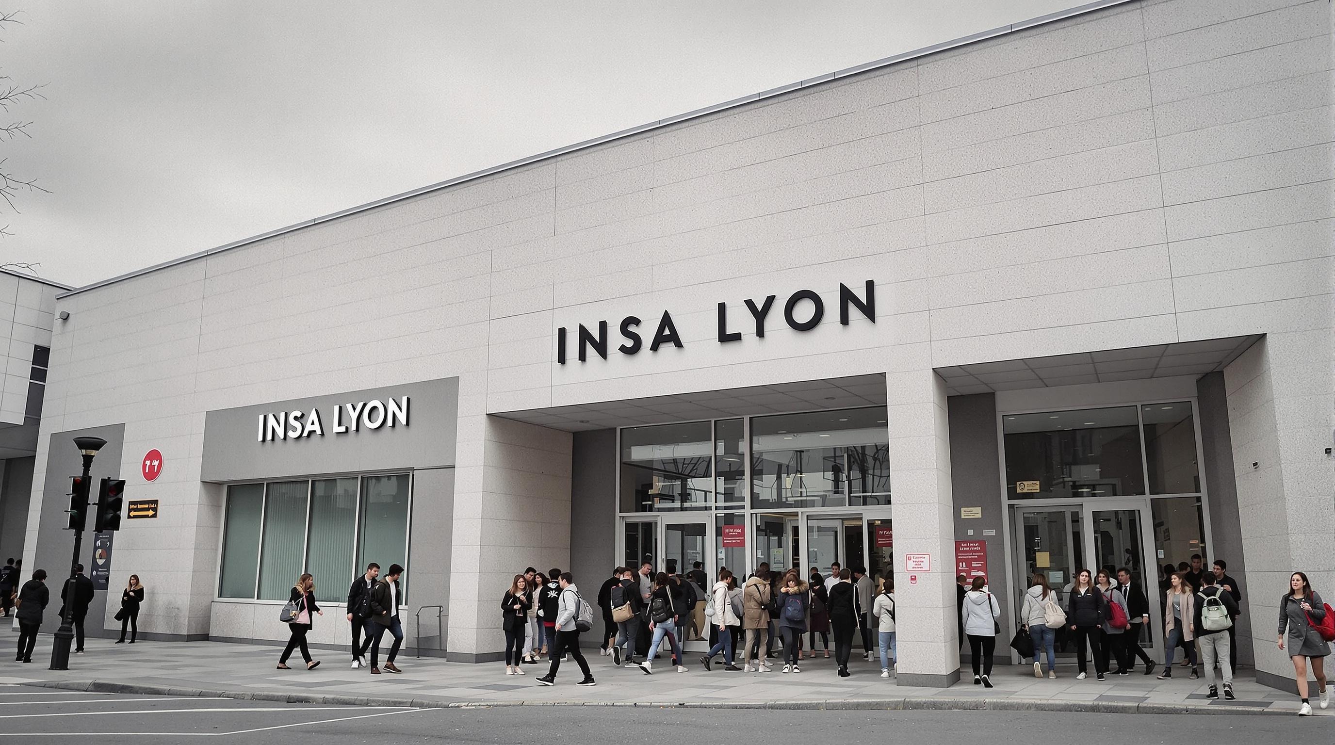 Vue de la façade de l’INSA Lyon avec des étudiants à la sortie