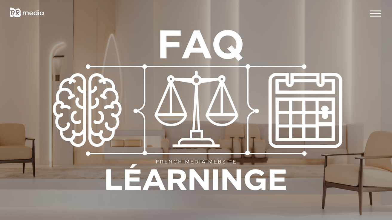 FAQ apprentissage : pictogramme cerveau, balance de justice et calendrier, ambiance bureau RH moderne