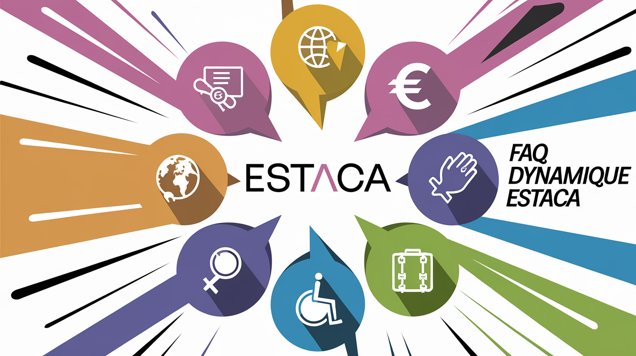 FAQ dynamique ESTACA, bulles thématiques, logo central.
