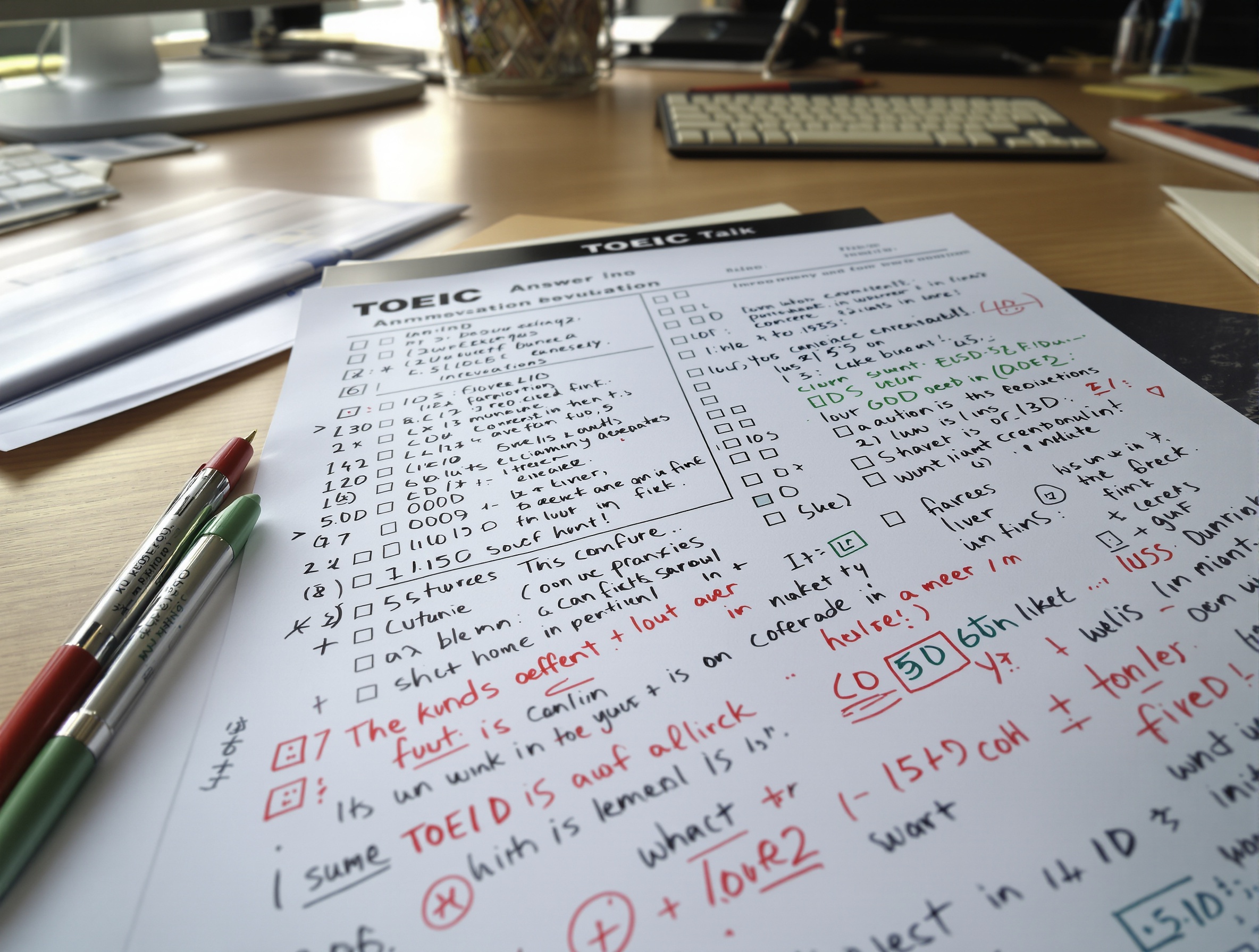 Test blanc TOEIC annoté avec des stylos rouges et verts