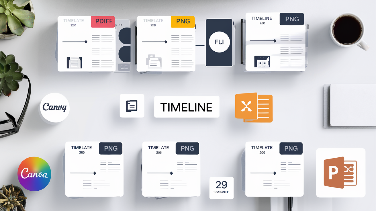Flat lay d’icônes de templates timeline (PDF, Excel, PNG) sur fond bureau avec logos Canva, Genially, PowerPoint.