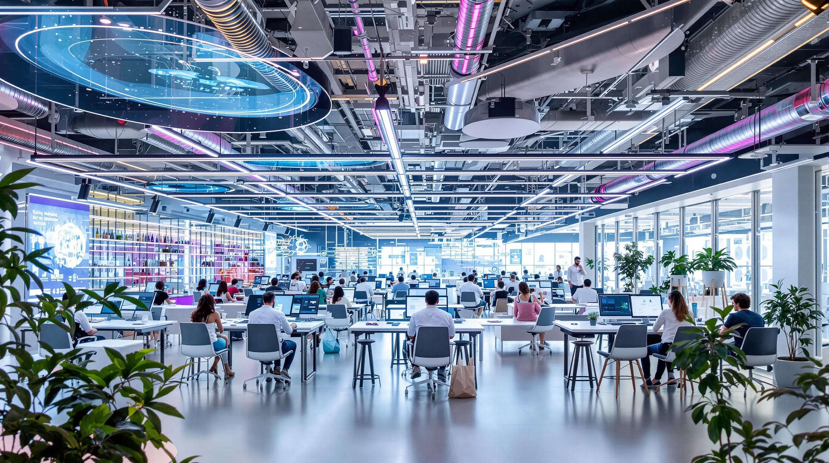 Futur du travail en 2030 open-space humain IA hologrammes