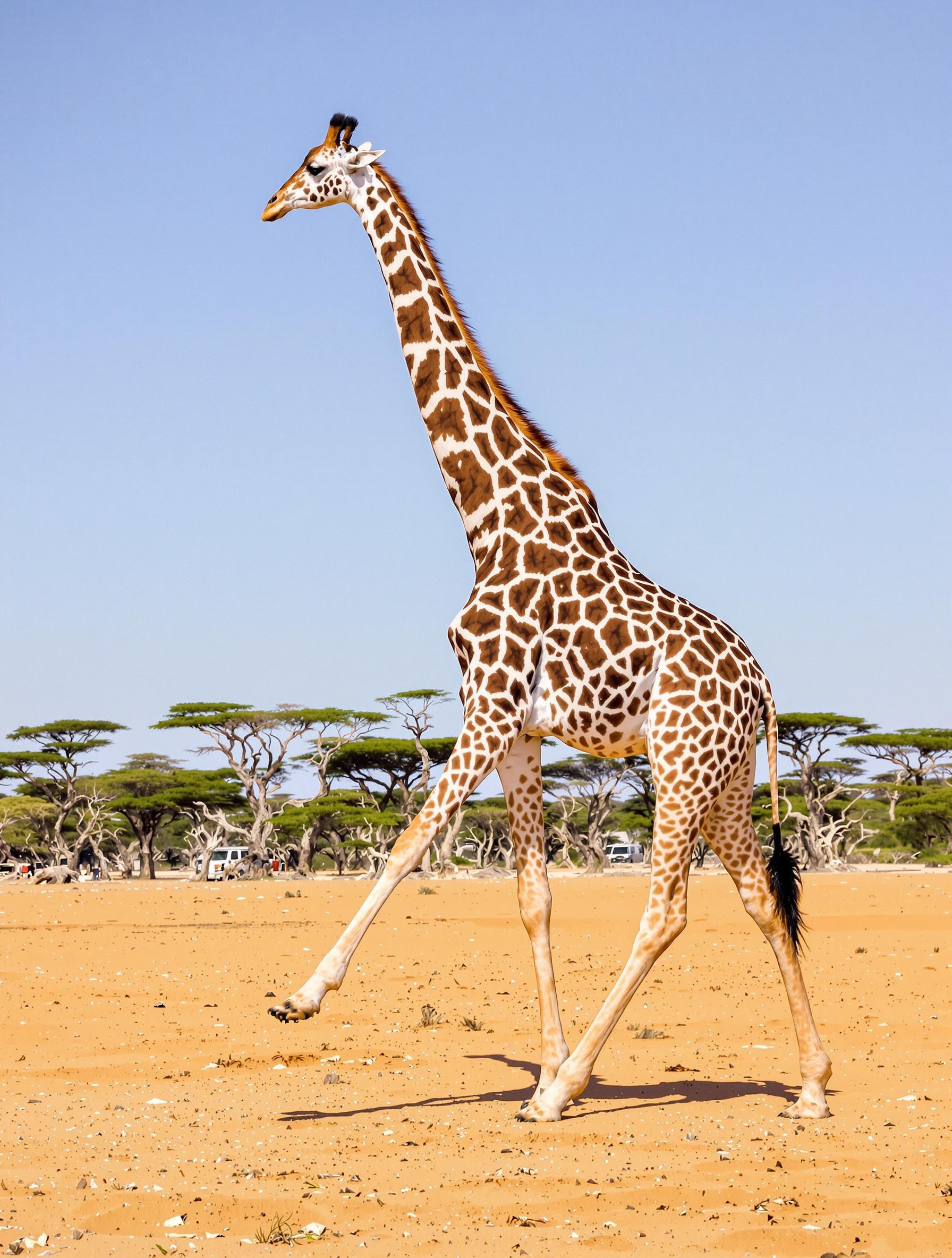 Vue latérale d’une girafe écartant ses membres antérieurs sur un sol sablonneux de savane africaine.