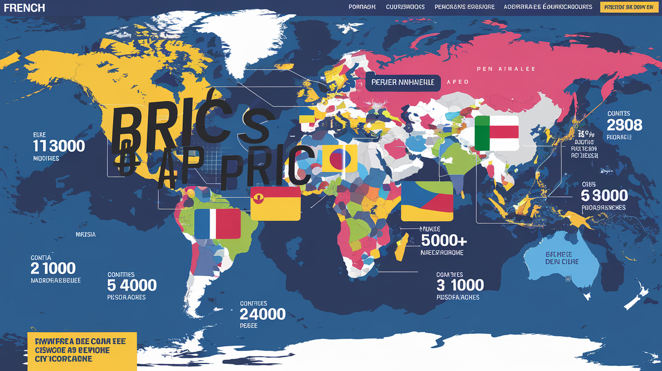graphique stylisé représentant les pays BRICS et BRICS+ avec des drapeaux, chiffres de population, PIB et taux de croissance