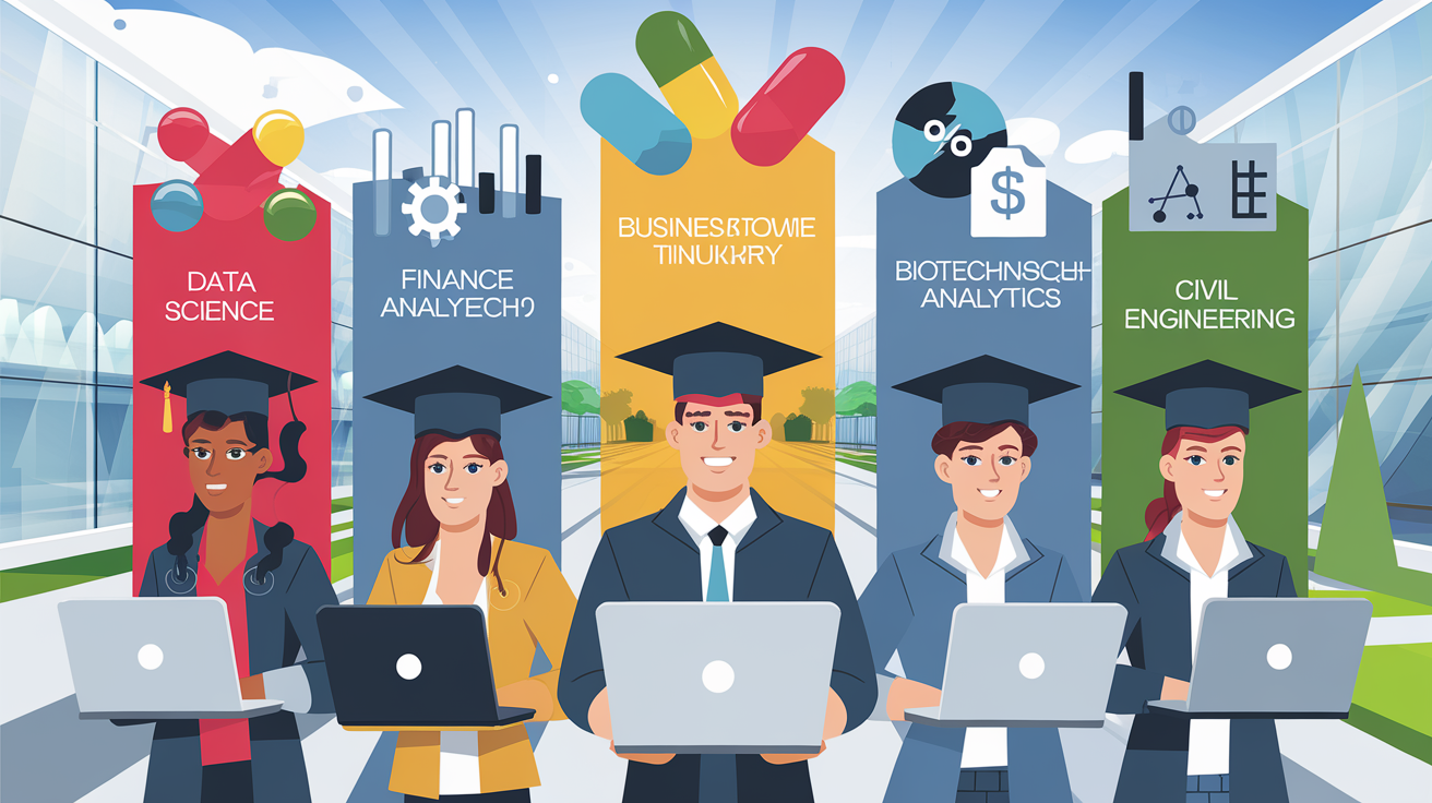 Graphique des filières CY Tech : data, finance, business analytics, biotech, génie civil.