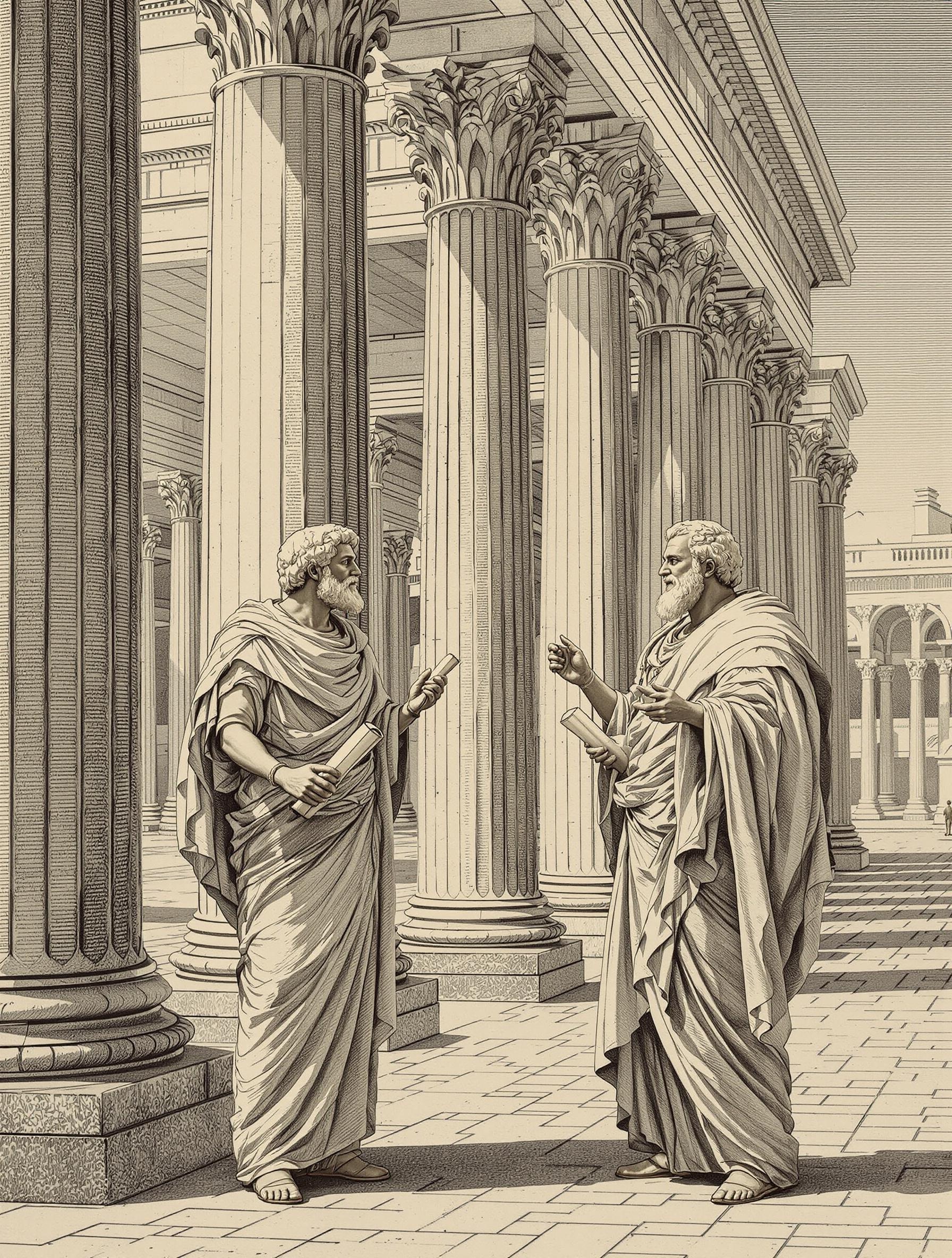 Platon et Socrate débattant sous une colonnade d’Athènes, tenues grecques, rouleaux de papyrus