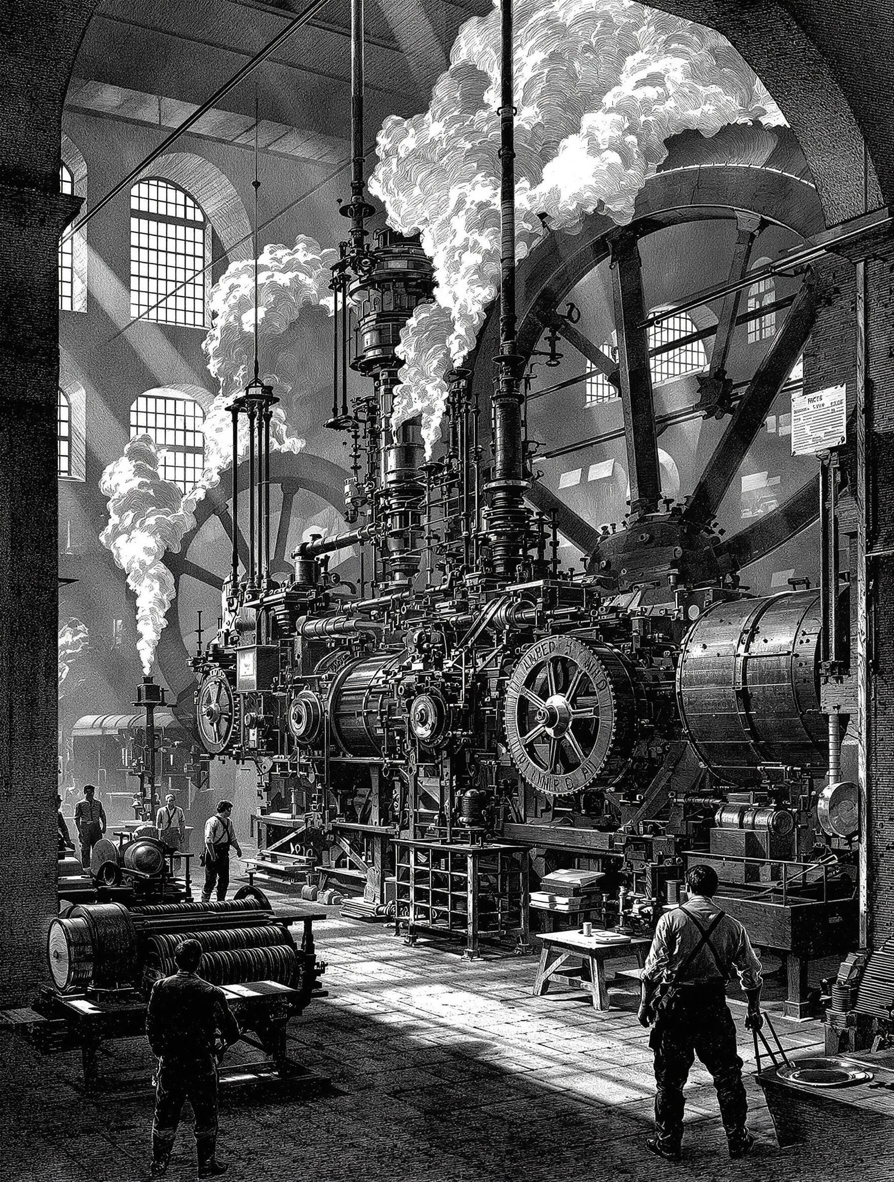Gravure d’époque montrant une machine de James Watt en action au cœur d’une manufacture textile de Manchester : pistons, volants d’inertie et ouvriers enfumés.