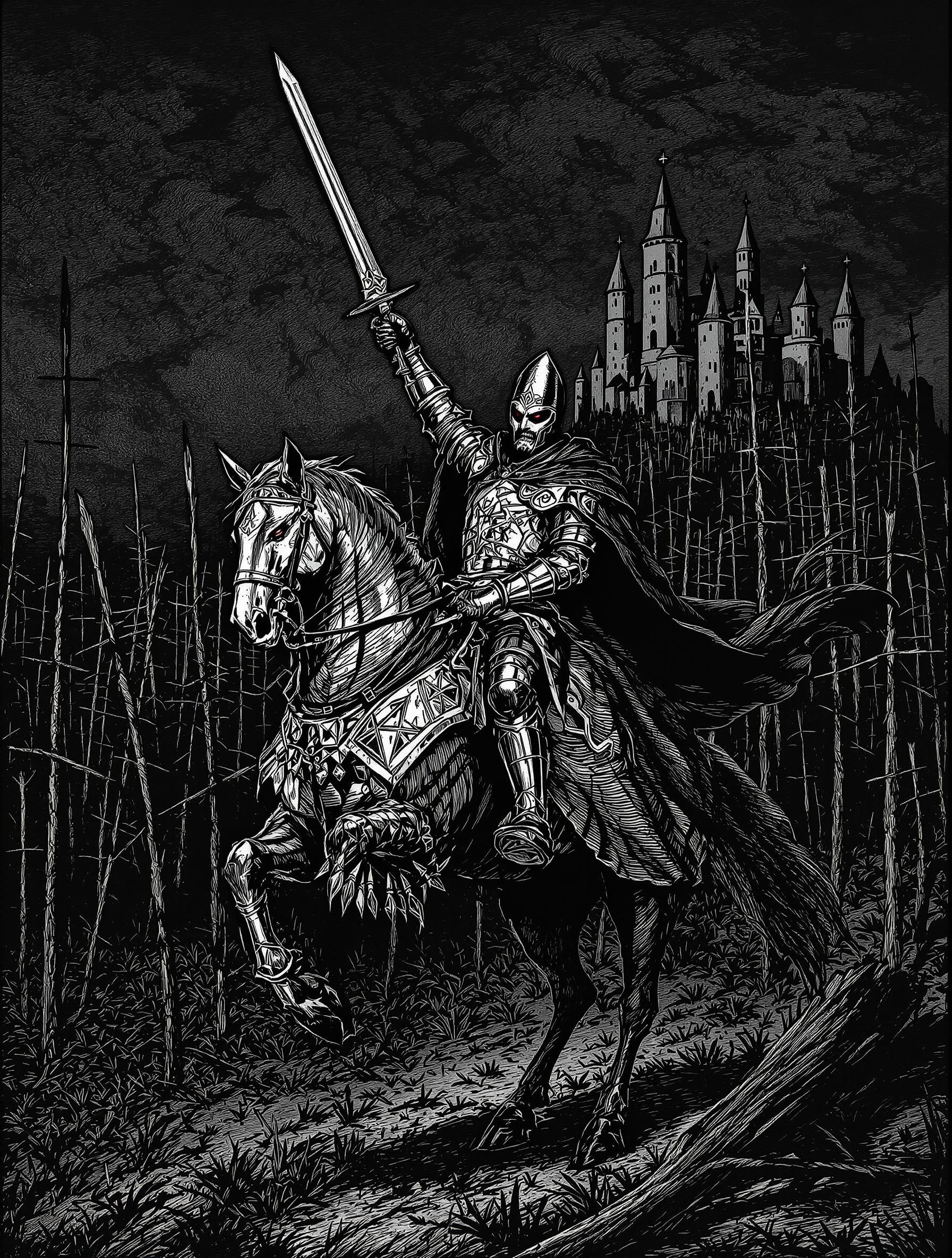 Gravure du XVIᵉ siècle montrant Vlad III l’Empaleur en armes à cheval, épée brandie, armure détaillée, forêt de pieux en arrière-plan—incarnation visuelle du brouillage entre légende noire et vérité médiévale.