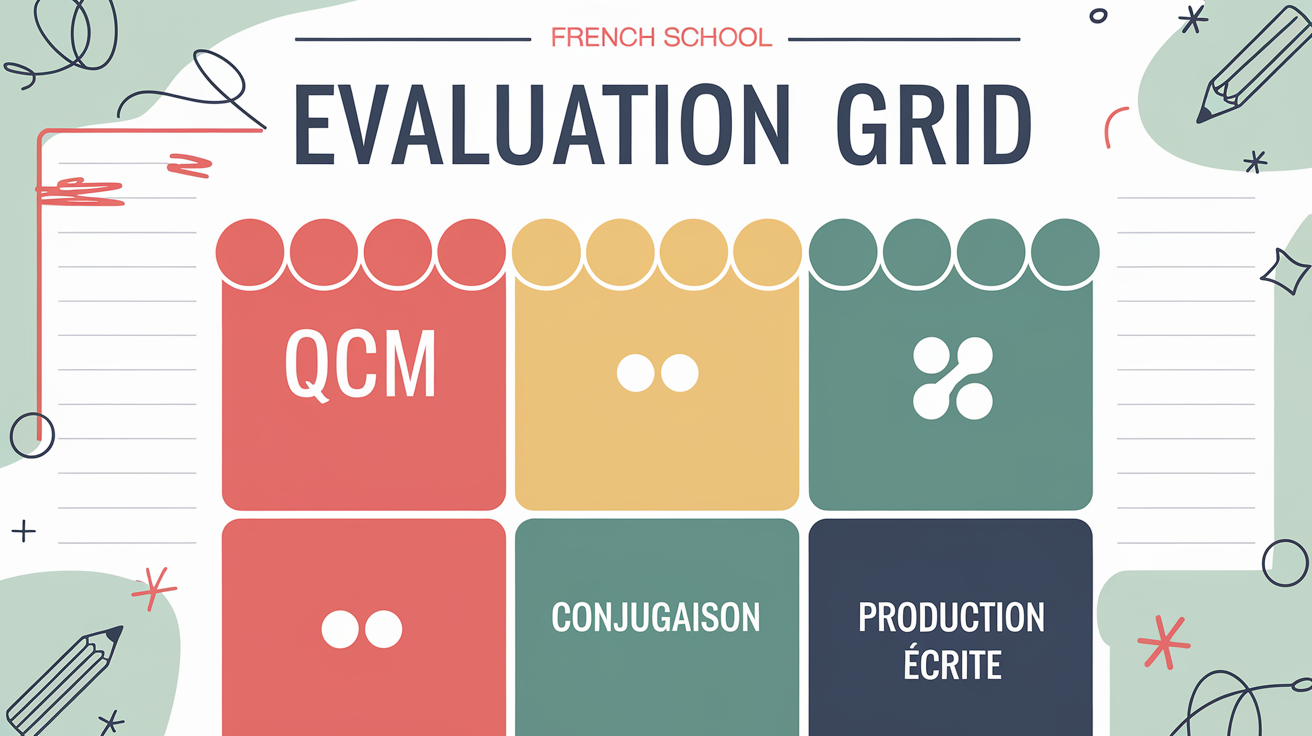 grille d'évaluation colorée section QCM conjugaison production écrite ambiance collège