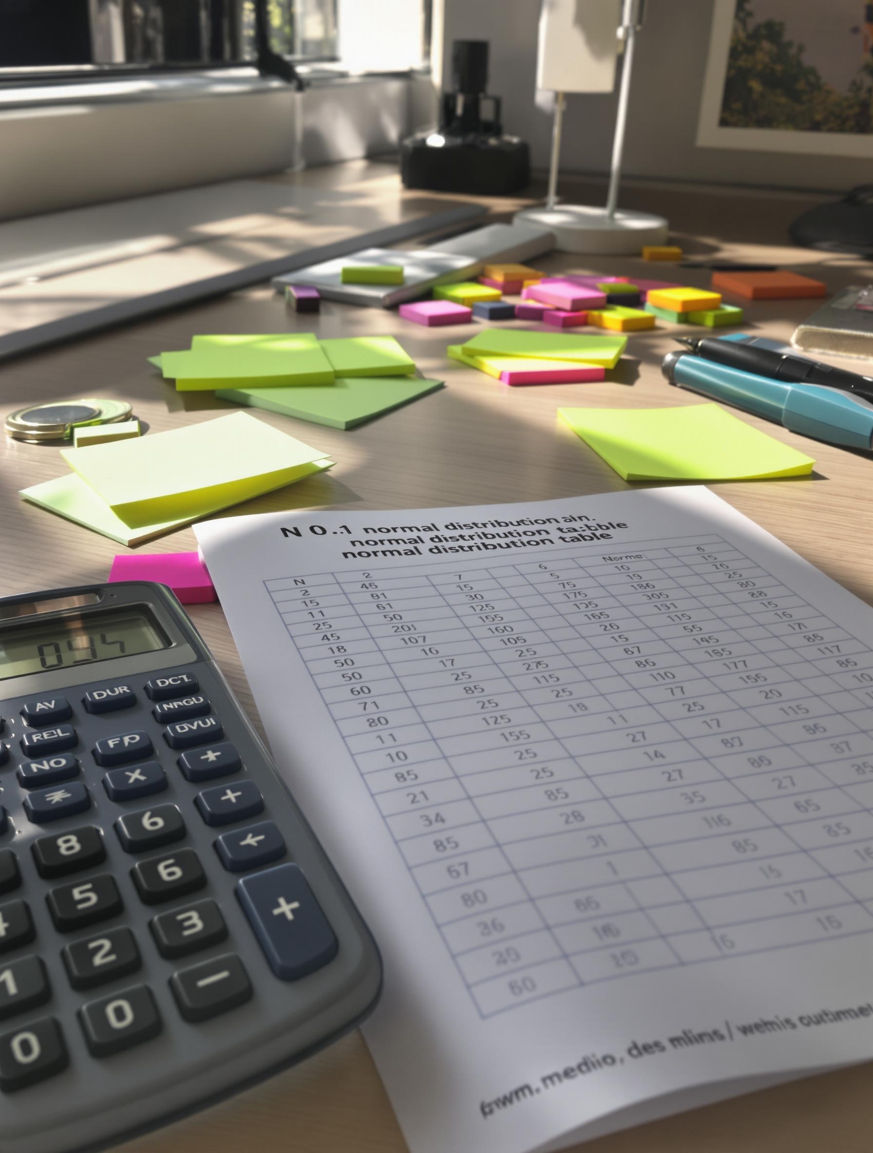 Photo gros plan d’un tableau N(0,1) imprimé sur bureau étudiant avec calculatrice scientifique et post-it fluo, lumière naturelle.