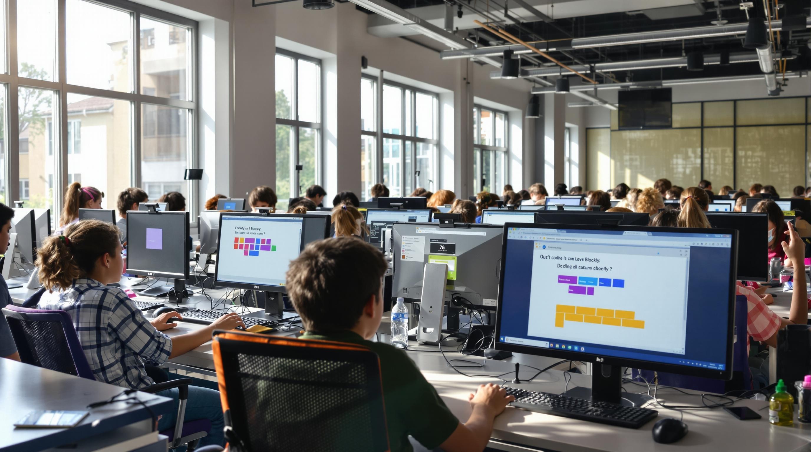 Écoliers concentrés sur l’épreuve Castor avec affichage de questions Blockly
