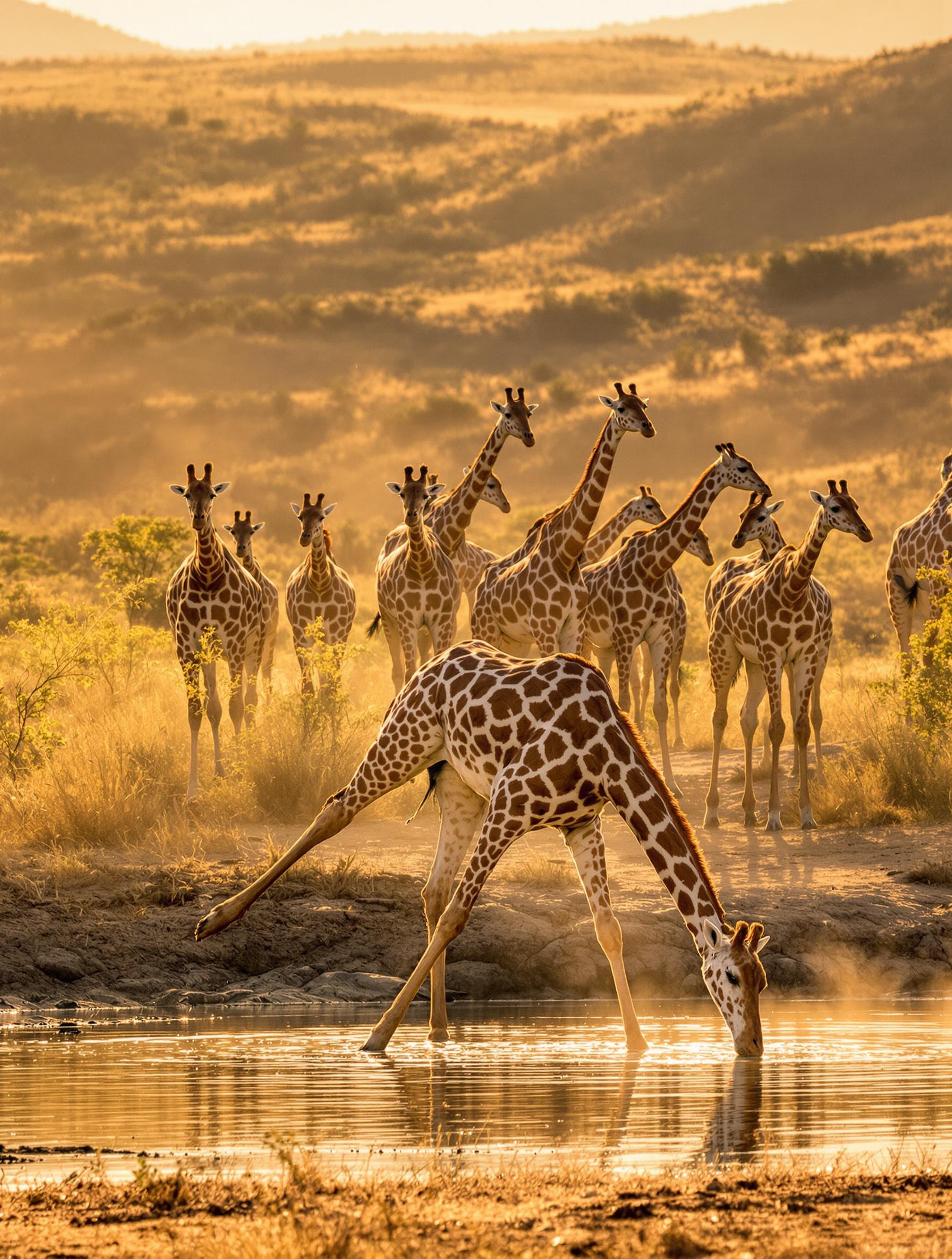 Girafes approchant un point d'eau dans la savane africaine.