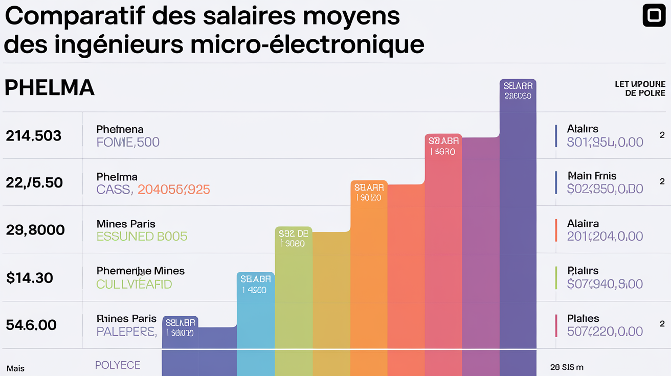 Histogramme comparatif des salaires moyens d’ingénieurs diplômés en micro-électronique issus de Phelma, Mines Paris et Polytech