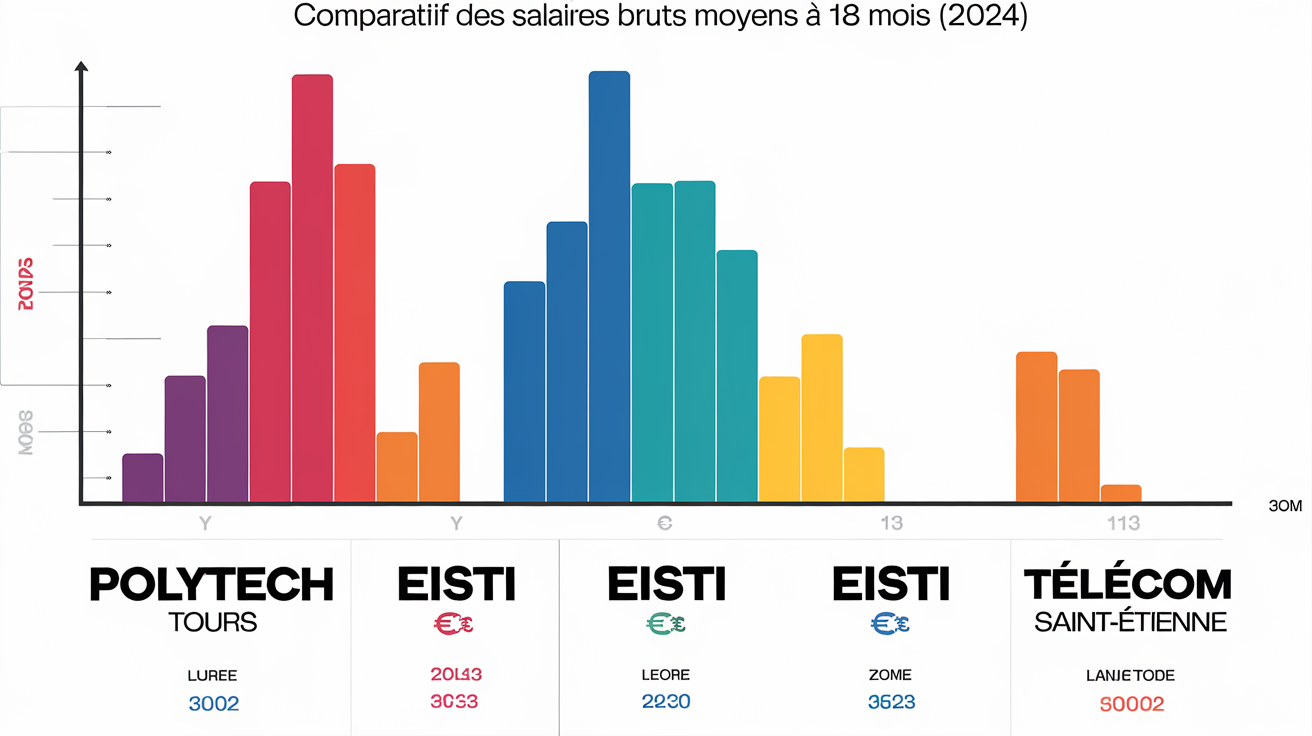 Histogramme coloré illustrant la rémunération moyenne des jeunes diplômés des trois écoles d’ingénieurs en 2024
