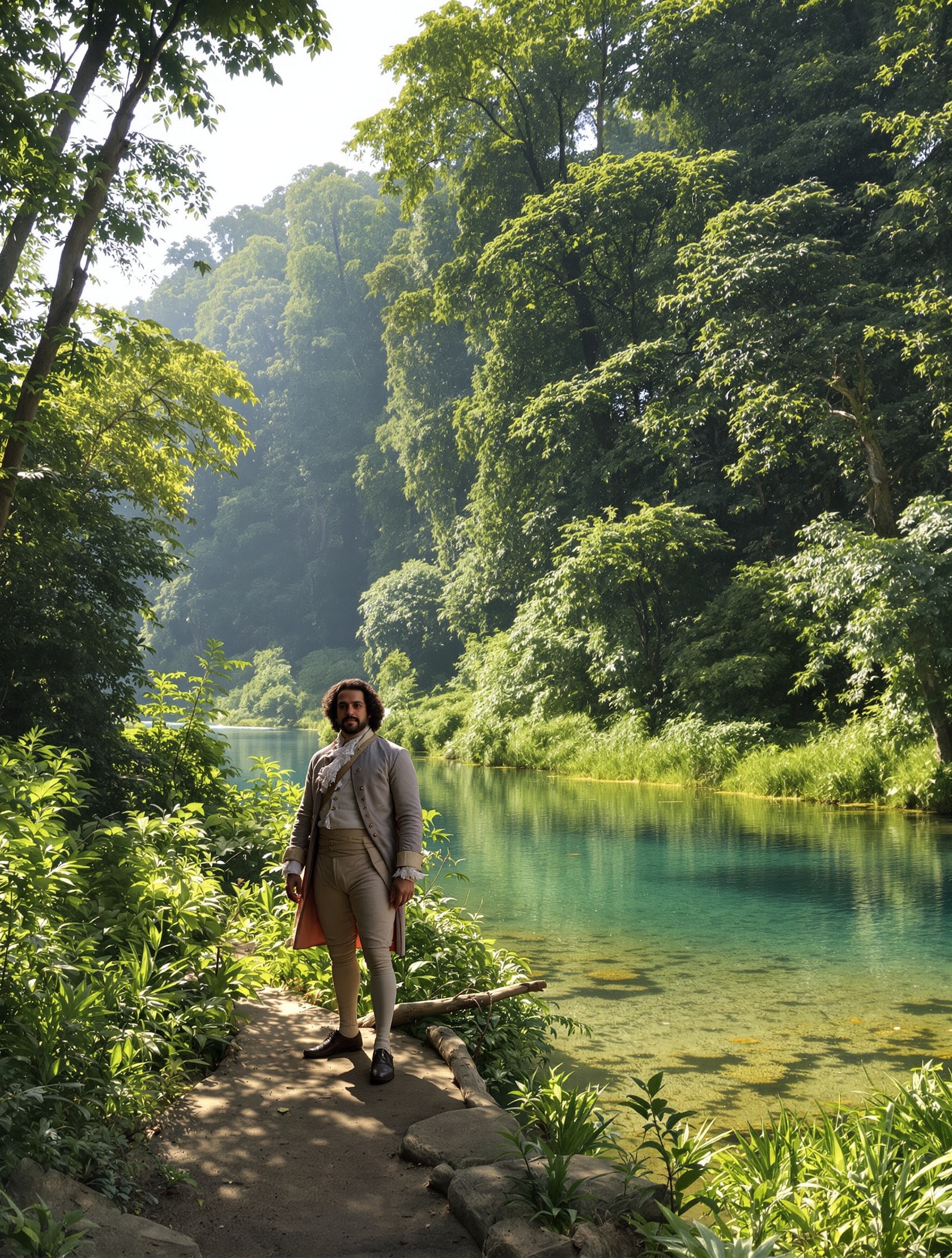 Représentation artistique de l'homme à l'état de nature selon Rousseau, calme et indépendant dans un environnement vierge.
