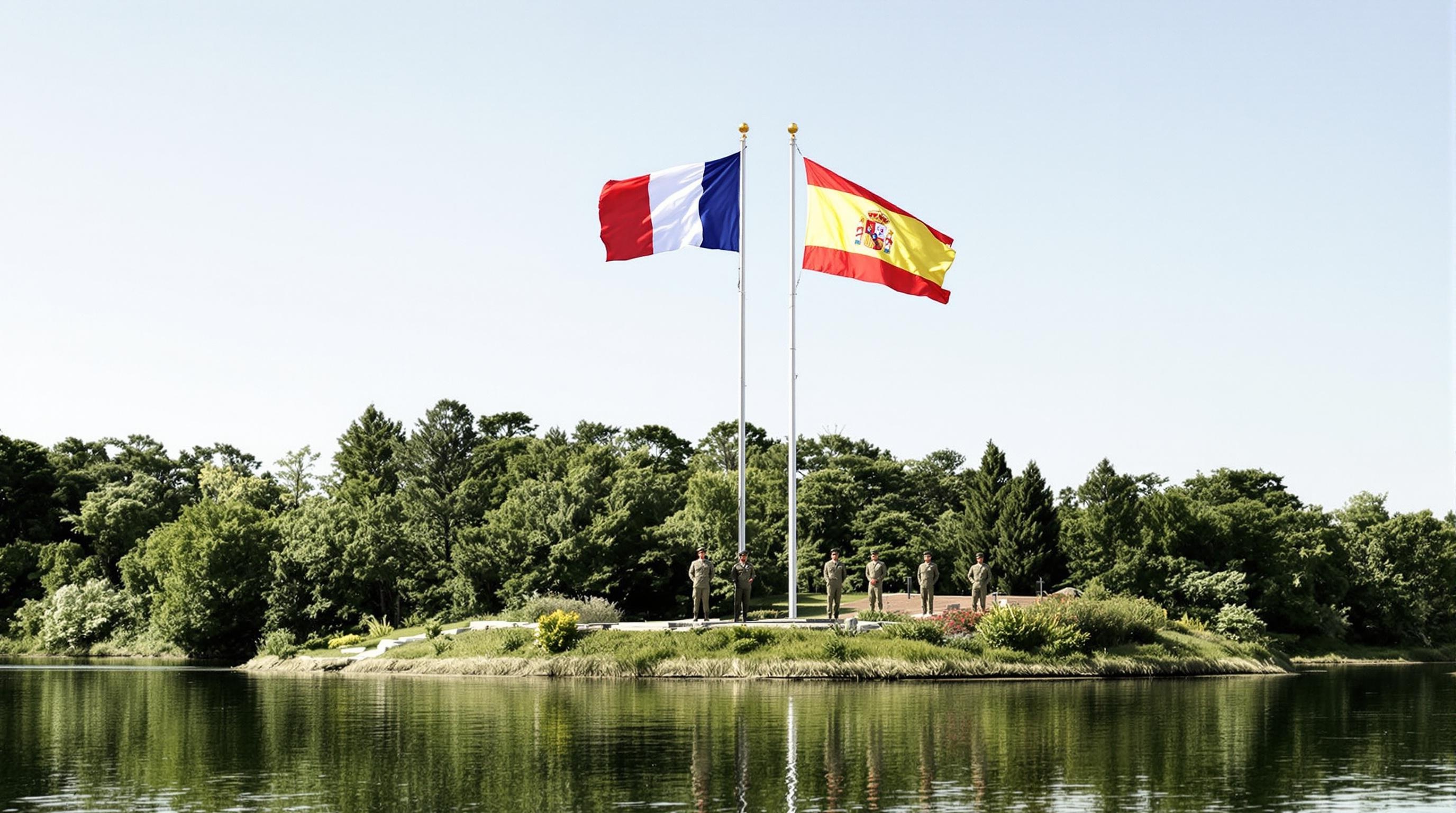 Île des Faisans sur la Bidassoa avec drapeaux français et espagnols