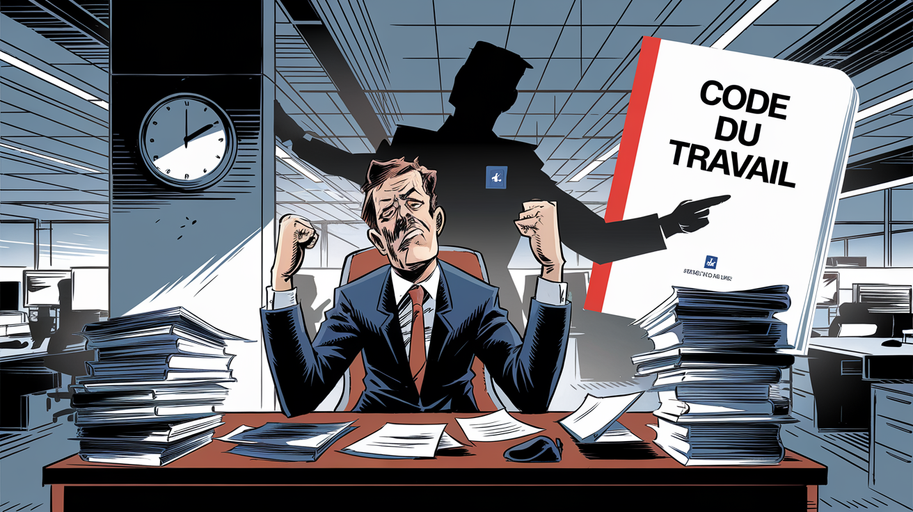 Illustration d'un employé épuisé, avec des références au CSE, au Code du travail et à la gestion des pauses réglementaires.