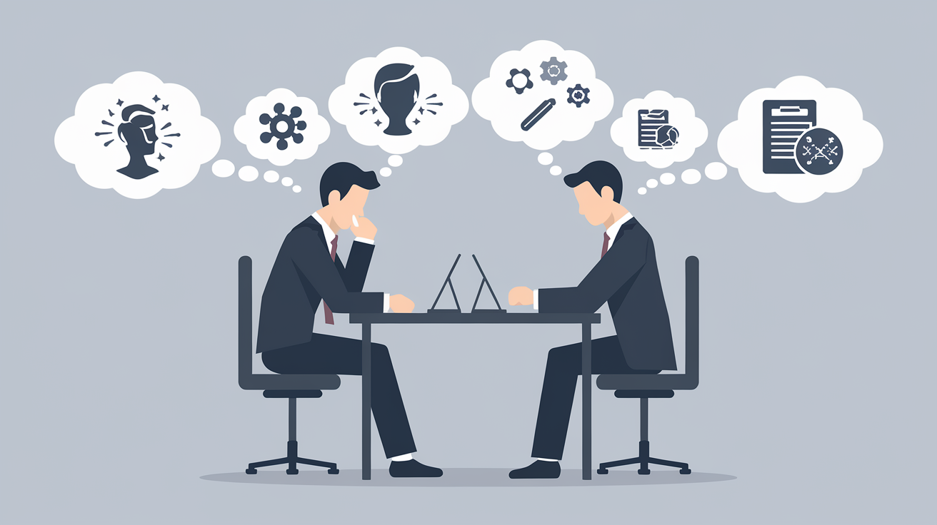 Illustration symbolique d'un candidat face à un recruteur avec des pensées contrastées sur la gestion des défauts.