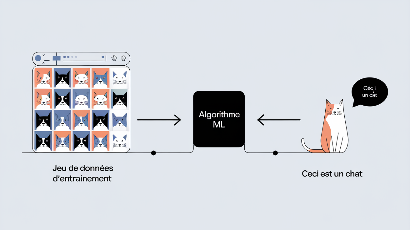 Schéma simple du flux Machine Learning : base de données d'images envoyée vers l'algorithme ML qui classe une nouvelle image.
