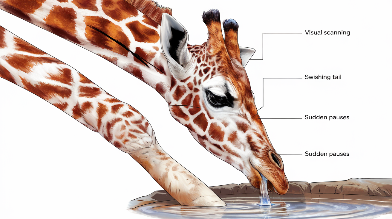 Illustration naturaliste d’une girafe montrant les signaux avant de boire.