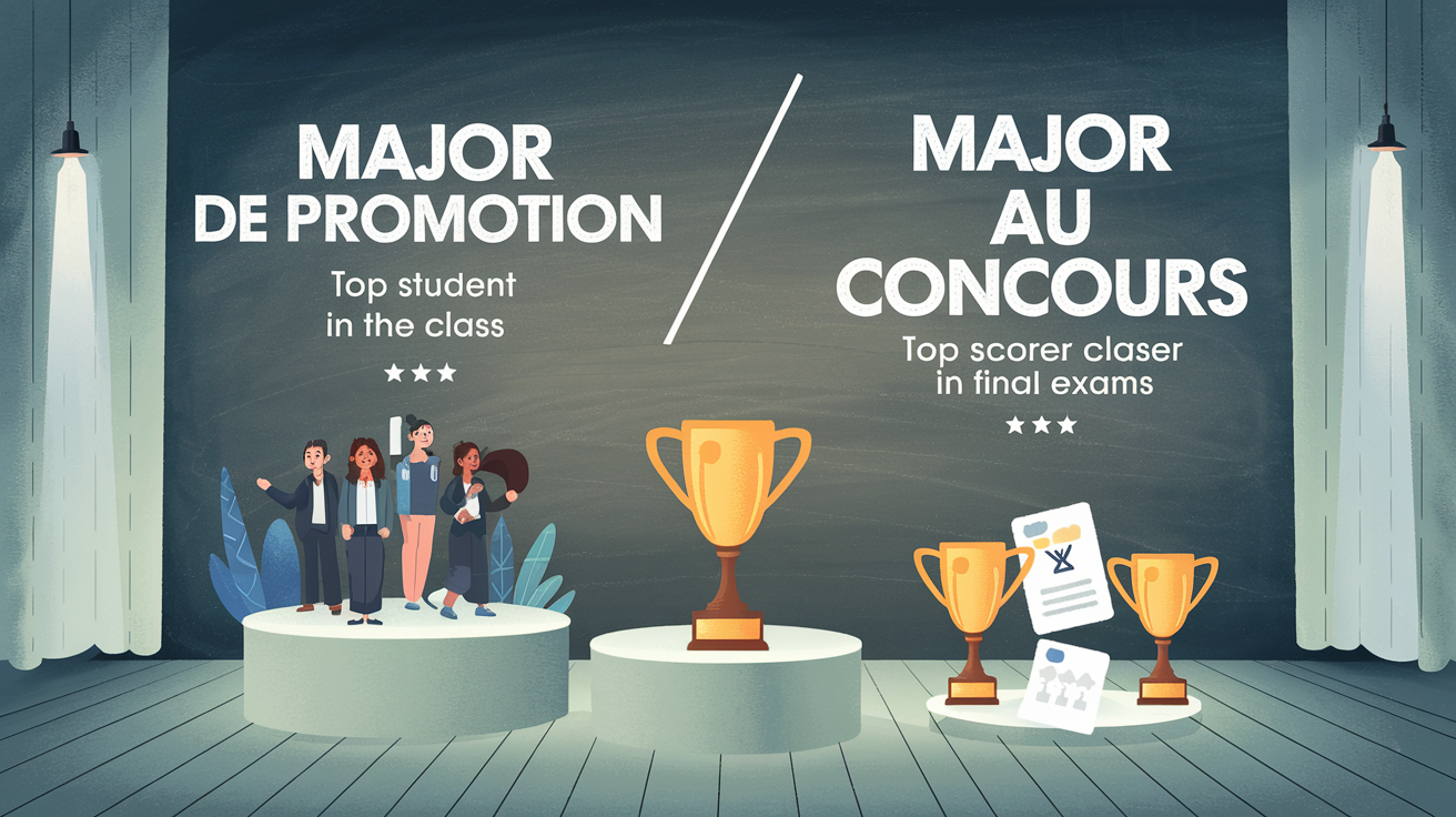 Illustration comparant visuellement les notions de 'major de promotion' et de 'major au concours', avec des icônes symbolisant le classement interne et les résultats aux examens finaux.